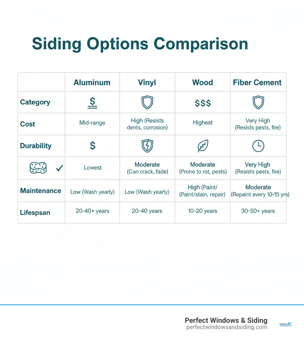 Table comparing Aluminum vs. Vinyl vs. Wood vs. Fiber Cement on Cost, Durability, Maintenance, and Lifespan - aluminum siding contractor near me infographic