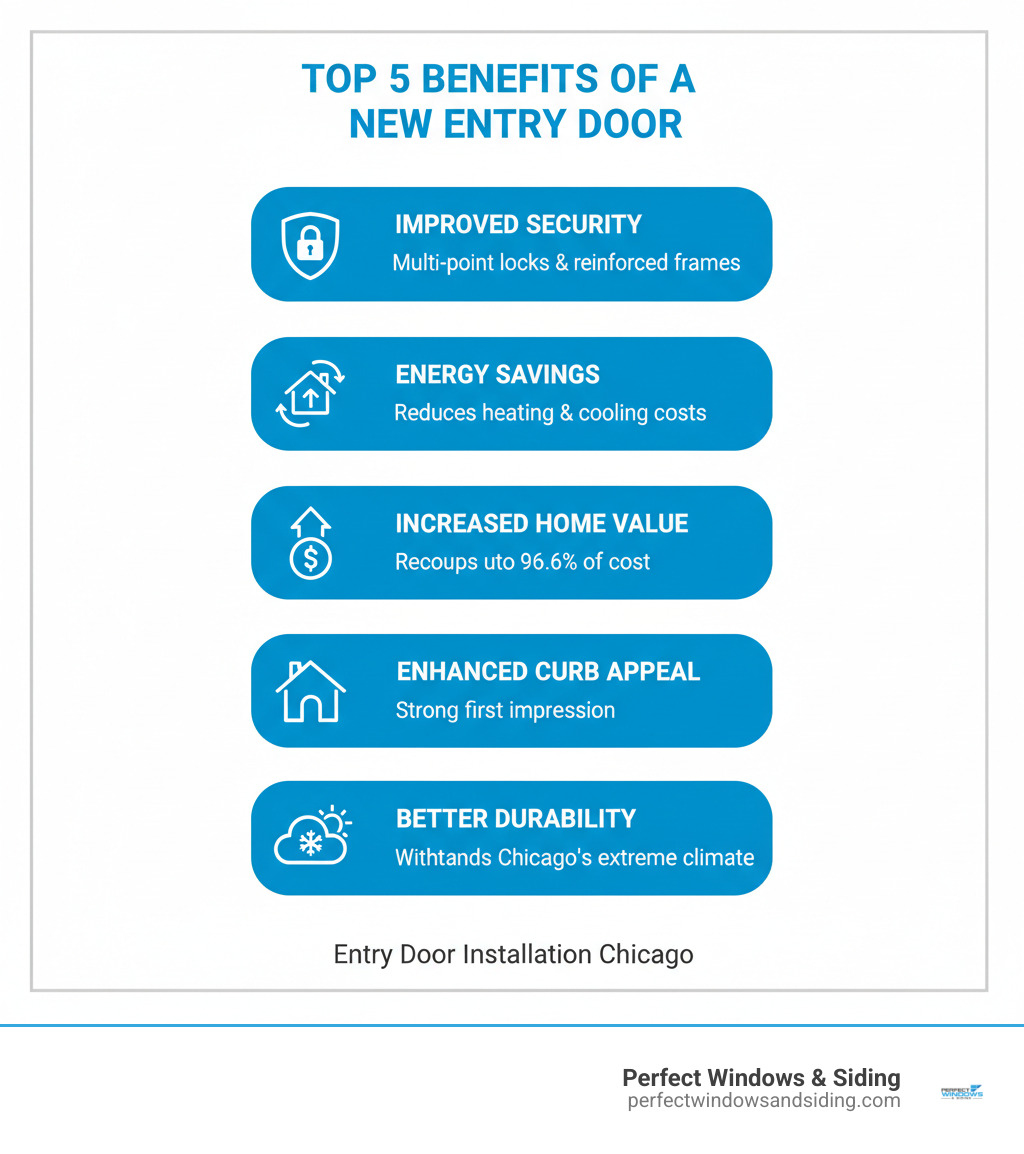 Infographic showing the top 5 benefits of a new entry door: 1. Improved Security - Multi-point locks and reinforced frames protect your family. 2. Energy Savings - Proper insulation and sealing reduce heating and cooling costs. 3. Increased Home Value - Recoups up to 96.6% of cost at resale. 4. Enhanced Curb Appeal - Creates a strong first impression for guests and buyers. 5. Better Durability - Weather-resistant materials withstand Chicago's extreme climate. - Entry door installation Chicago infographic 