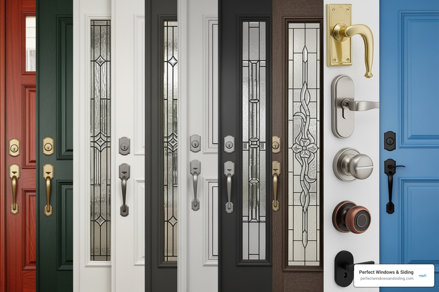 collage of door colors glass patterns and hardware finishes - Entry door installation Chicago