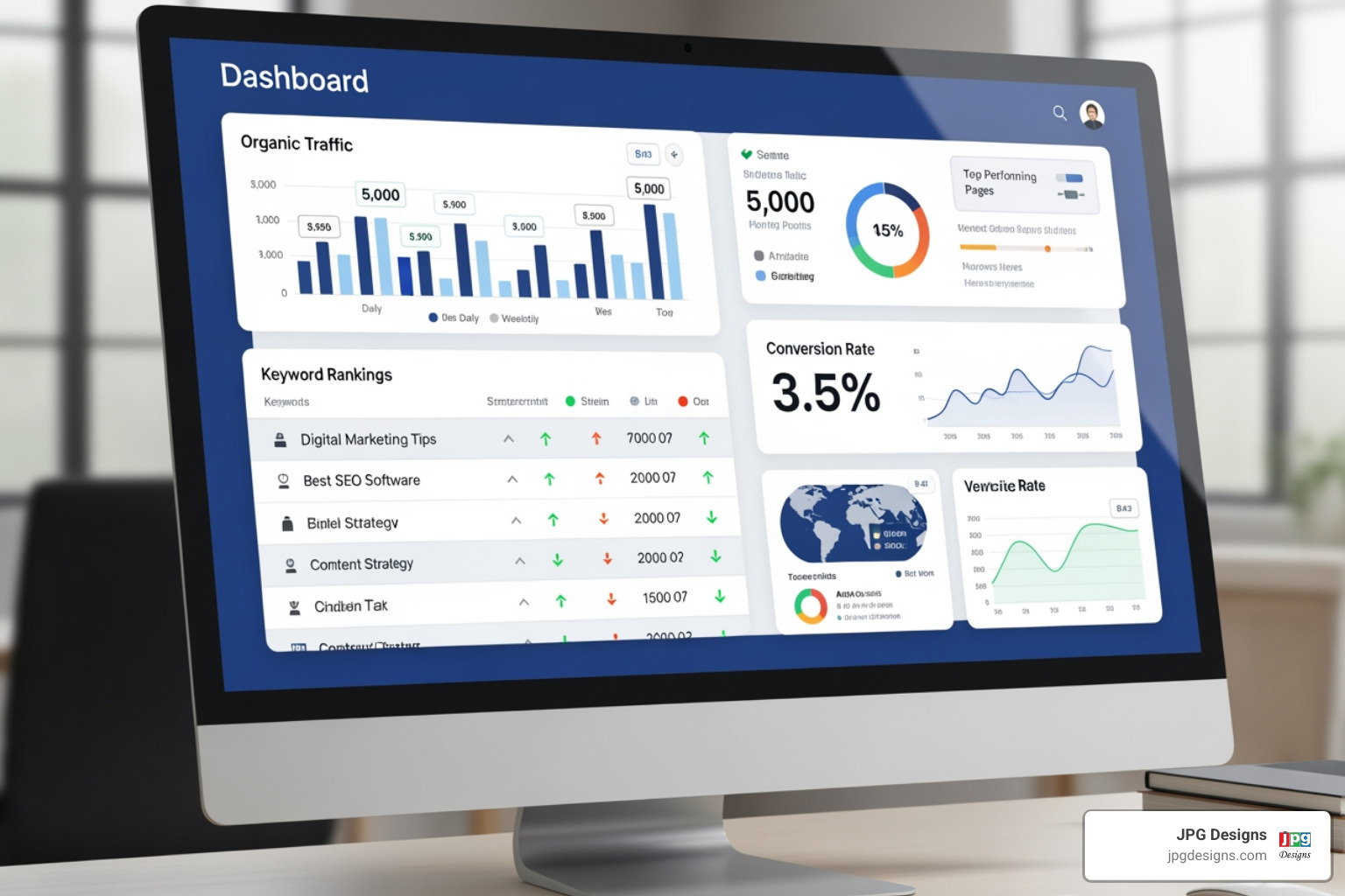 A dashboard showing key SEO metrics like organic traffic and conversions - best seo services for small business