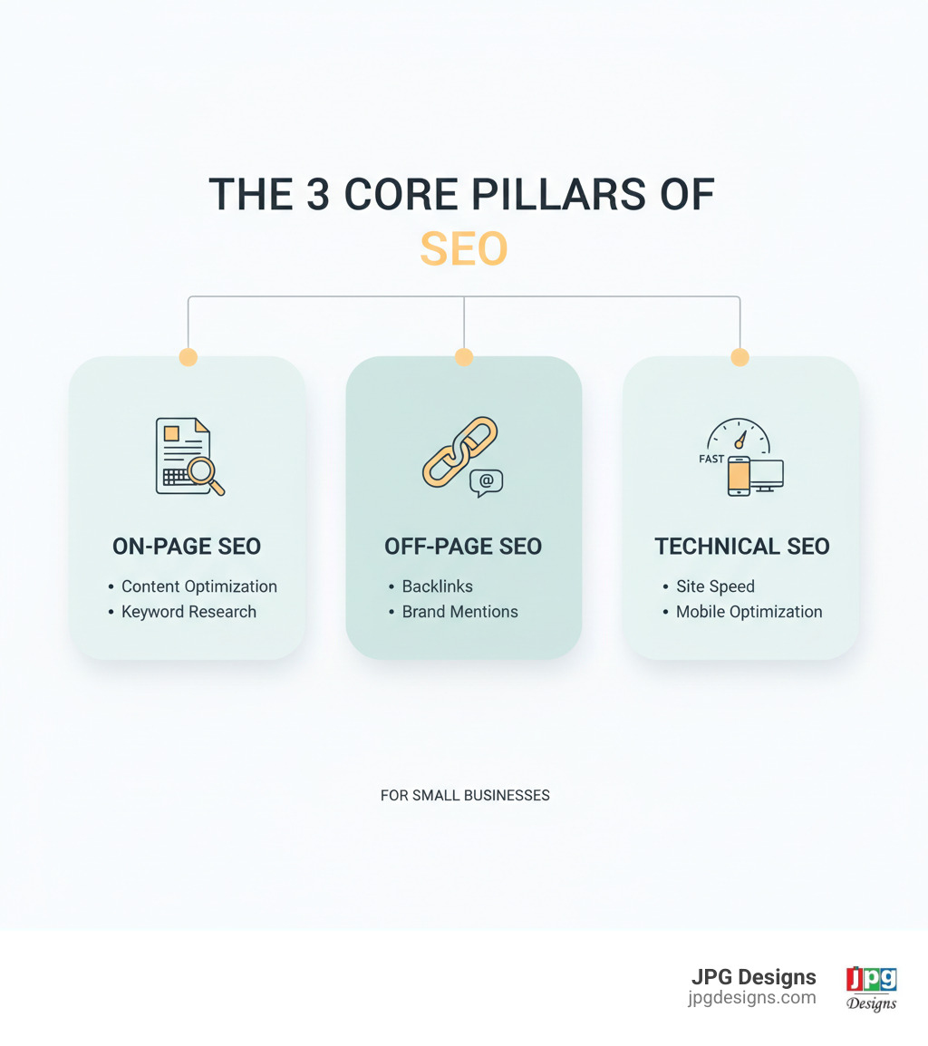 infographic showing the three core pillars of SEO: On-Page SEO including content and keyword optimization, Off-Page SEO including backlinks and brand mentions, and Technical SEO including site speed and mobile optimization - best seo services for small business infographic 