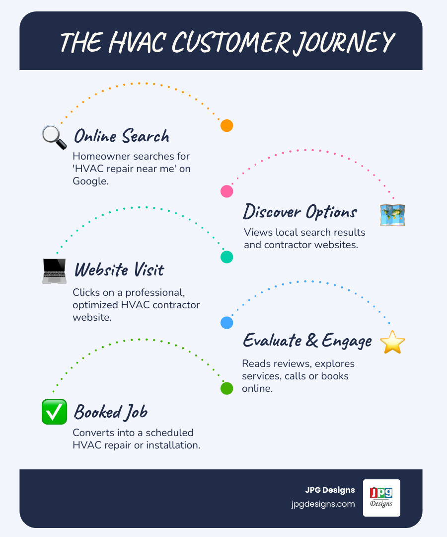 Infographic showing the customer journey from Google search for 'HVAC repair near me' to viewing local search results, clicking on a contractor website, reading reviews and services, calling or booking online, and finally becoming a booked job - hvac contractor web design services infographic infographic-line-5-steps-blues-accent_colors