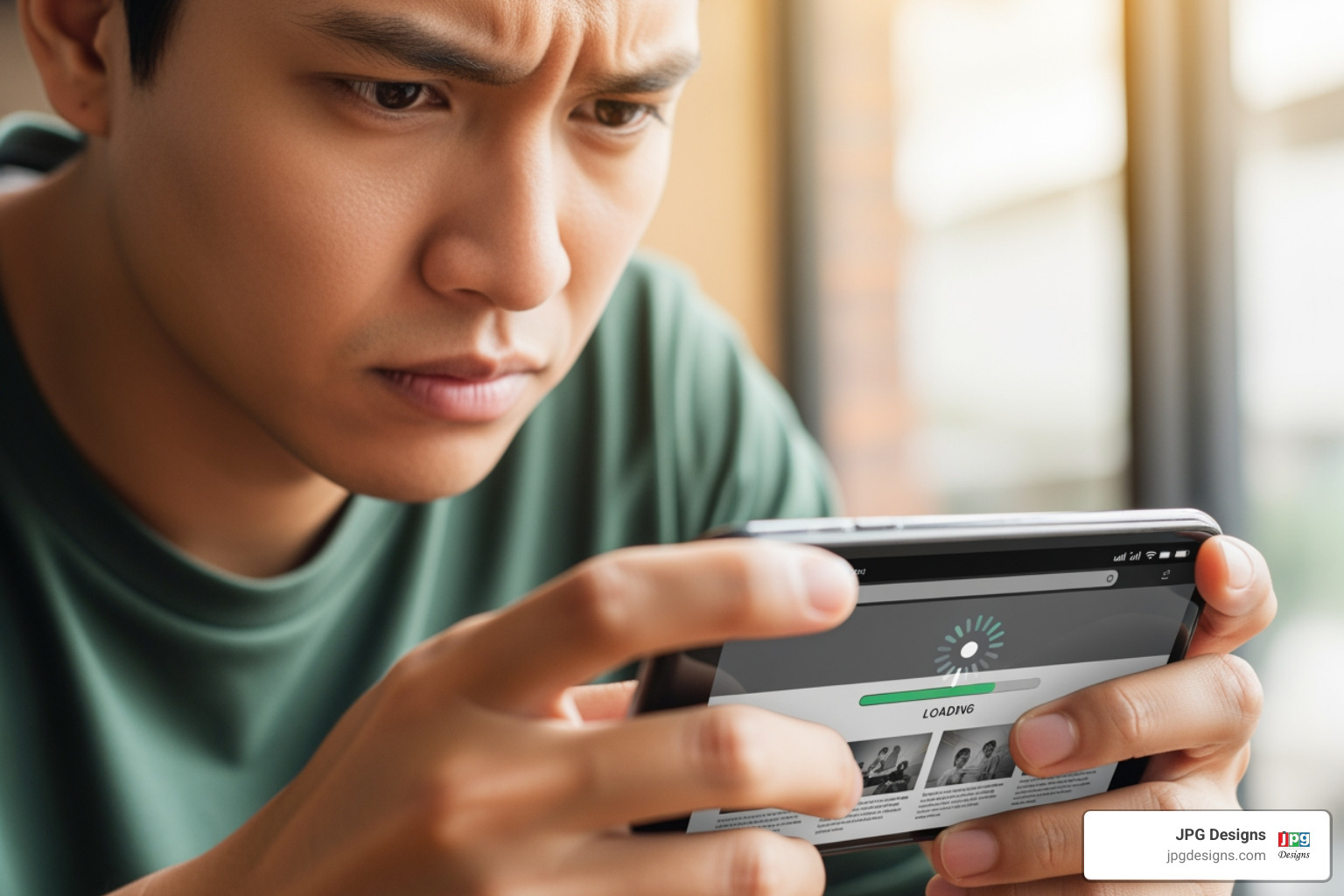 Frustrated person looking at a slow-loading website on their phone - hvac contractor web design services