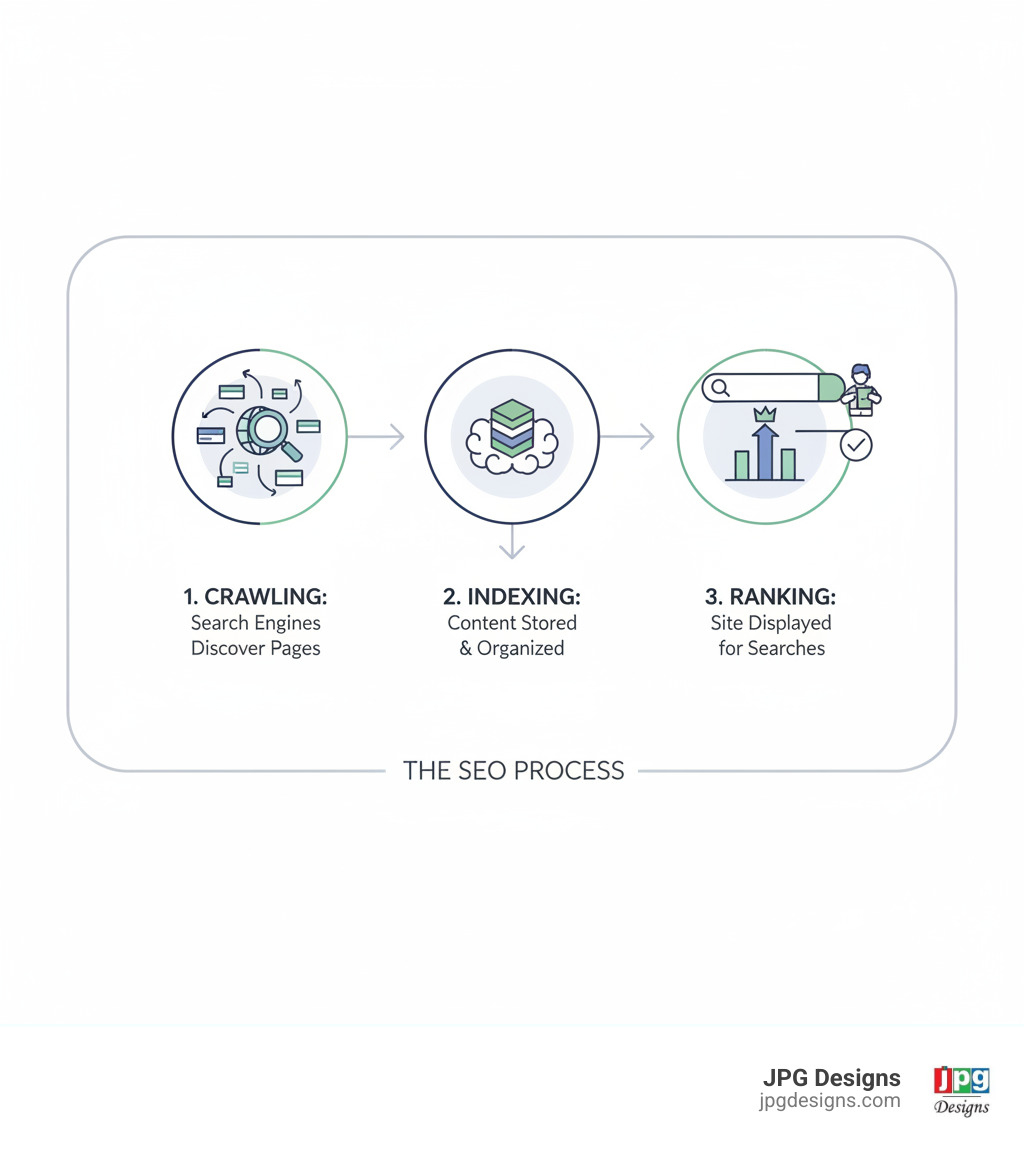 infographic showing the SEO process: 1. Crawling - Search engines discover your pages, 2. Indexing - They store and organize your content, 3. Ranking - They display your site when users search relevant terms - what is seo and how it works for small businesses infographic 
