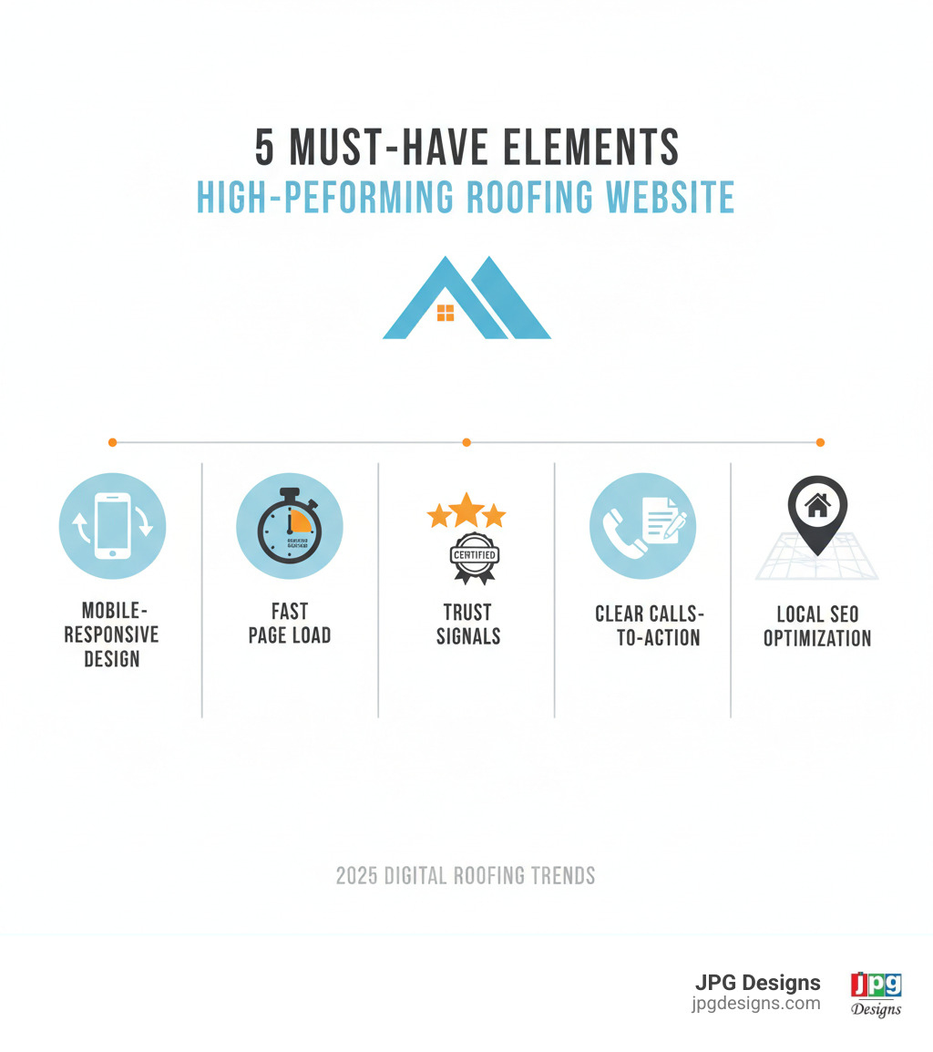 infographic showing the 5 must-have elements of a high-performing roofing website: mobile-responsive design with a smartphone icon, fast page load speed with a stopwatch showing under 2 seconds, prominent trust signals including star reviews and certifications, clear calls-to-action with phone and form icons, and local SEO optimization with a map pin marker - roofing company websites infographic 