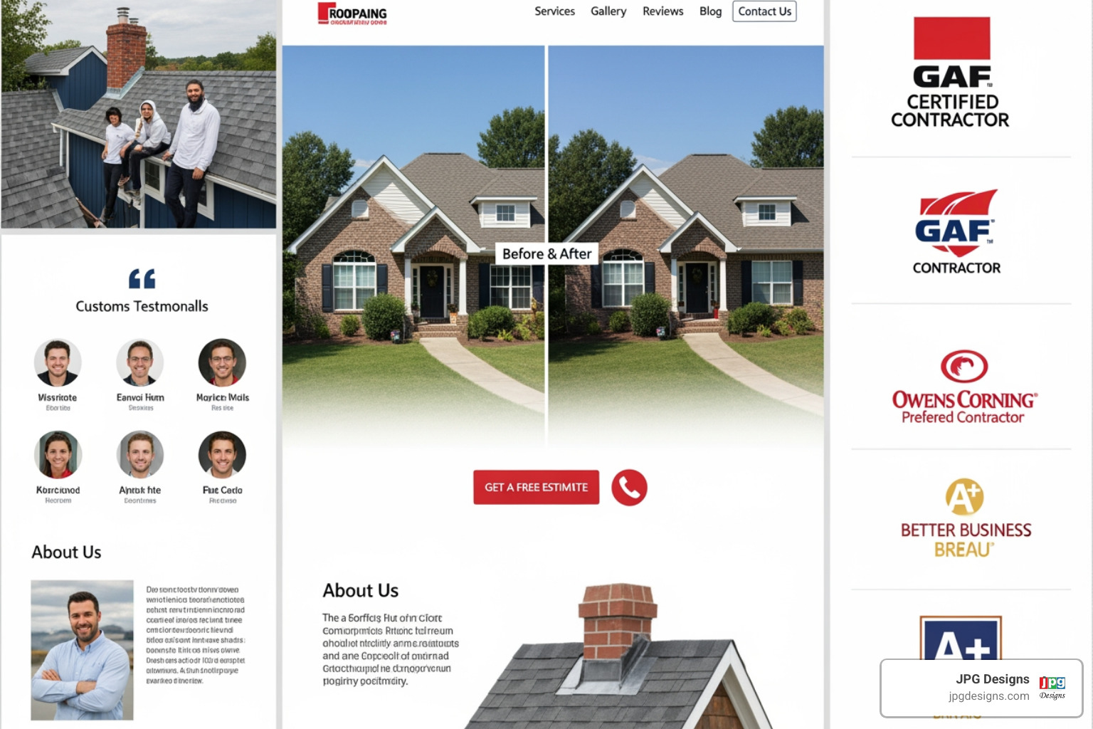collage of roofing website features - roofing company websites