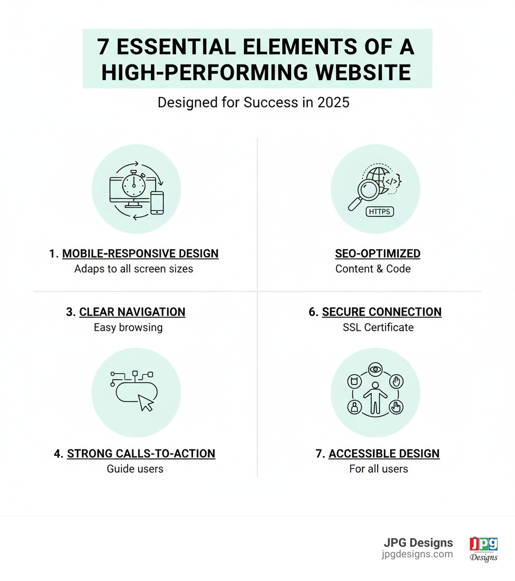 Infographic showing the 7 essential elements of a high-performing website: 1. Mobile-responsive design that adapts to all screen sizes, 2. Fast page load speed under 3 seconds, 3. Clear navigation structure for easy browsing, 4. Strong calls-to-action on every page, 5. SEO-optimized content and code, 6. Secure HTTPS connection with SSL certificate, 7. Accessible design that works for all users - website designing services infographic 