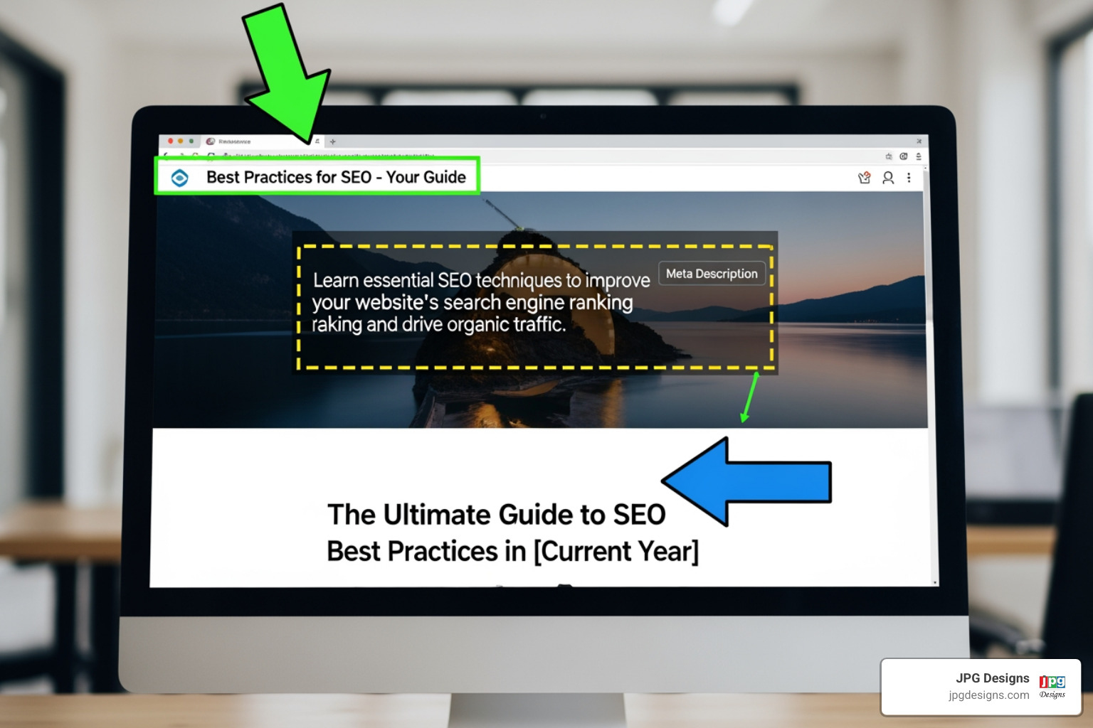 webpage with callouts for title tag, meta description, H1 header - seo tips for small businesses
