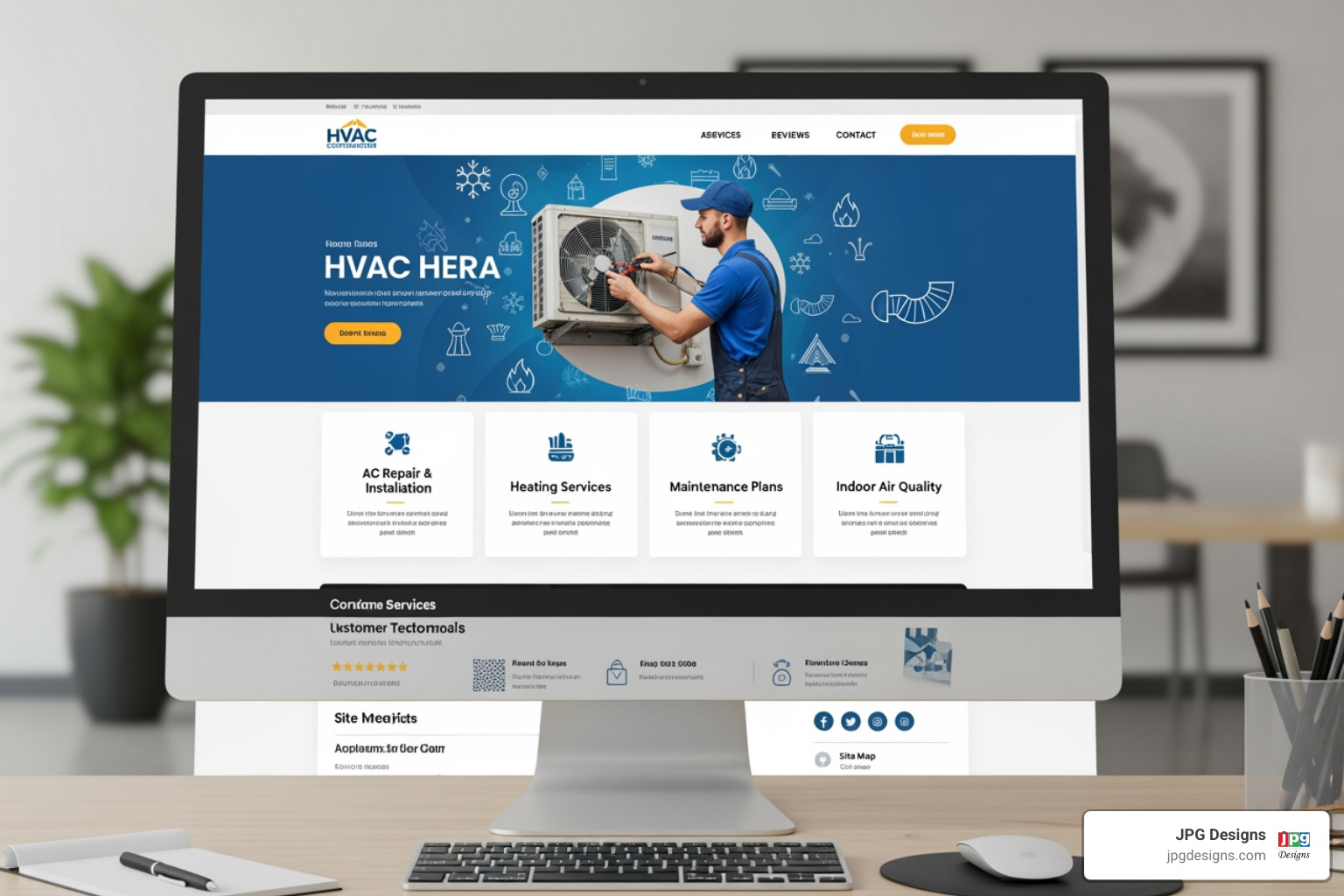 Key elements of a perfect HVAC homepage (clear CTA, phone number, trust badges) - hvac contractor web design services