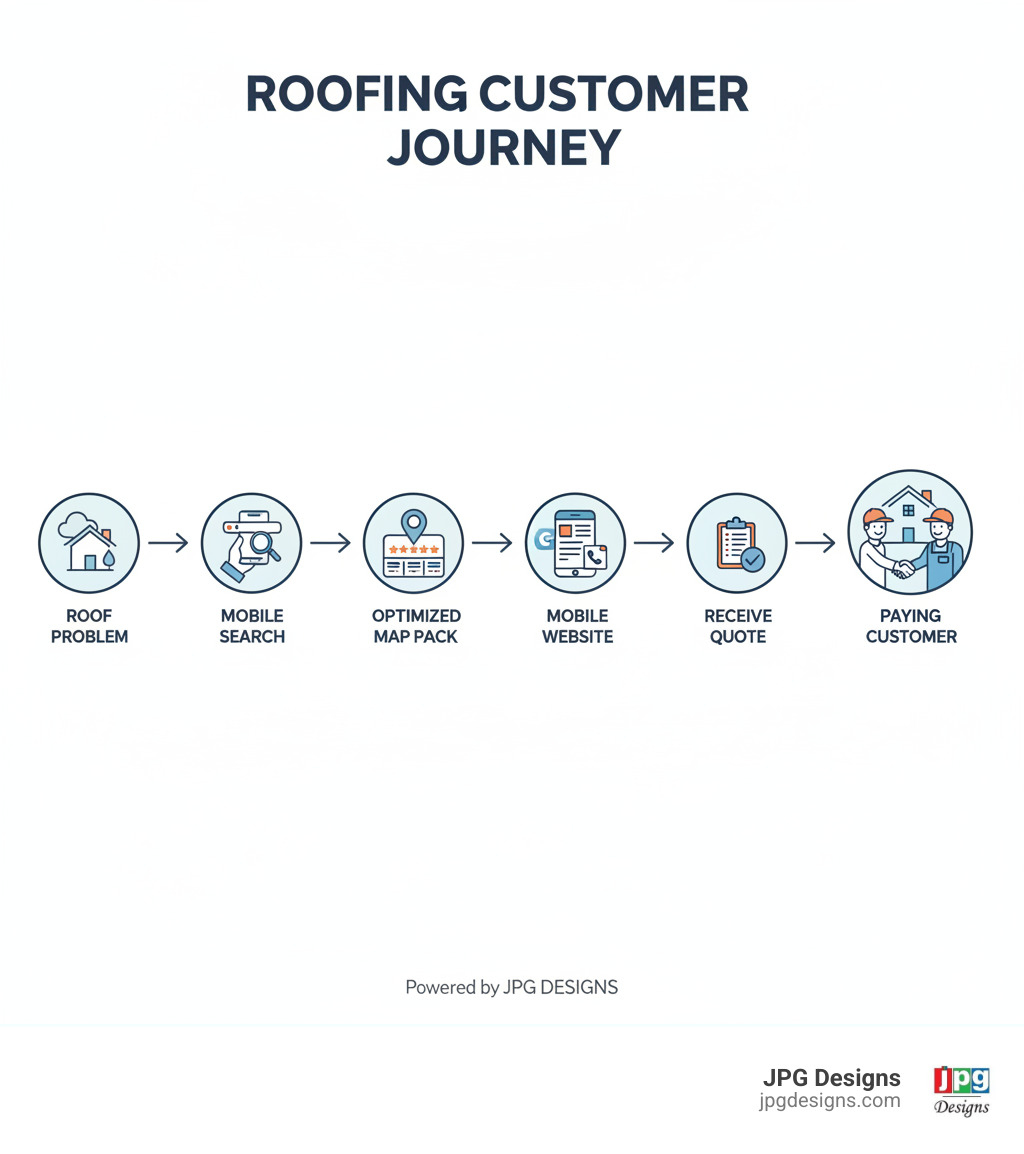 Infographic showing the customer journey: homeowner experiences roofing problem, searches on mobile phone for local roofer, views Google Map Pack results, clicks on optimized Google Business Profile, visits mobile-friendly website, calls or submits lead form, receives quote, becomes paying customer - Local SEO for roofers infographic 