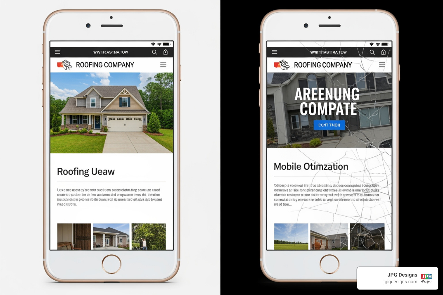 An image contrasting a mobile-friendly roofing website with one that is broken or poorly designed on a smartphone - Local SEO for roofers