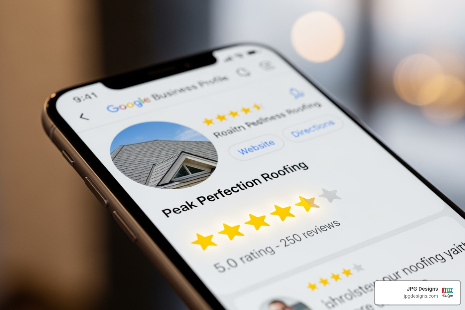 A stylized image showing a 5-star review icon prominently displayed on a smartphone screen, representing a Google Business Profile listing for a roofer - Local SEO for roofers