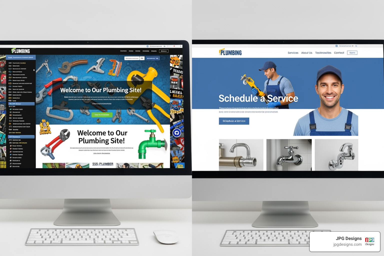 comparing a cluttered, untrustworthy plumber site with a clean, professional one - Plumber website design