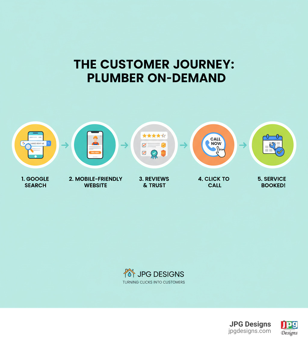 infographic showing the customer journey from searching "plumber near me" on Google, viewing a professional mobile website, reading reviews and trust signals, clicking a call button, and booking a service appointment - Plumber website design infographic 