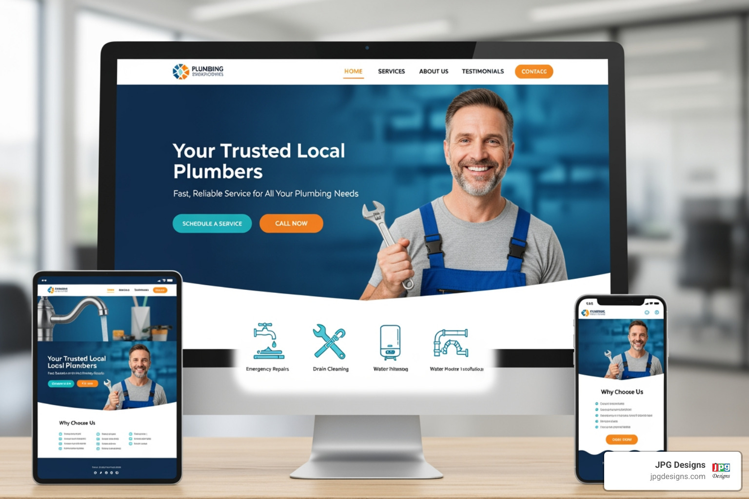 a poorly designed website with callouts pointing out key mistakes - Plumber website design