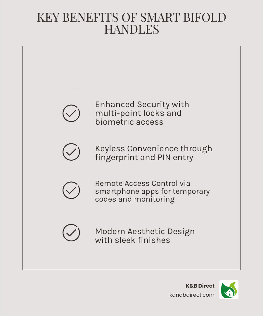 Infographic showing four key benefits of smart bifold door handles: Enhanced Security with multi-point locks and biometric access, Keyless Convenience through fingerprint and PIN entry, Remote Access Control via smartphone apps for temporary codes and monitoring, and Modern Aesthetic Design with sleek finishes that complement contemporary homes - smart bifold door handle infographic checklist-light-beige Infographic showing four key benefits of smart bifold door handles: Enhanced Security with multi-point locks and biometric access, Keyless Convenience through fingerprint and PIN entry, Remote Access Control via smartphone apps for temporary codes and monitoring, and Modern Aesthetic Design with sleek finishes that complement contemporary homes - smart bifold door handle infographic checklist-light-beige