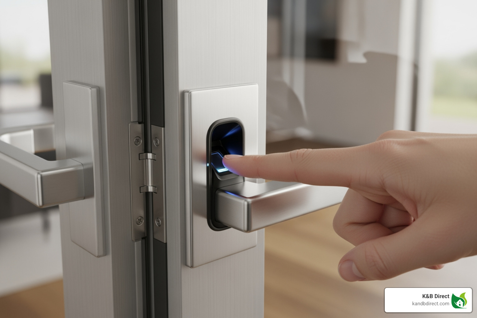 A person's finger on a sleek, integrated fingerprint scanner on a door handle - smart bifold door handle A person's finger on a sleek, integrated fingerprint scanner on a door handle - smart bifold door handle