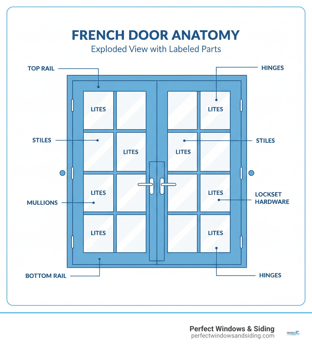 Infographic showing the anatomy of a French door with labeled parts: top rail at the door's upper horizontal piece, bottom rail at the base, vertical stiles forming the door's sides, lites as the individual glass panes, mullions dividing the glass sections, astragal as the vertical piece where two doors meet in the center, hinges on the side, and lockset hardware - french door installation infographic 