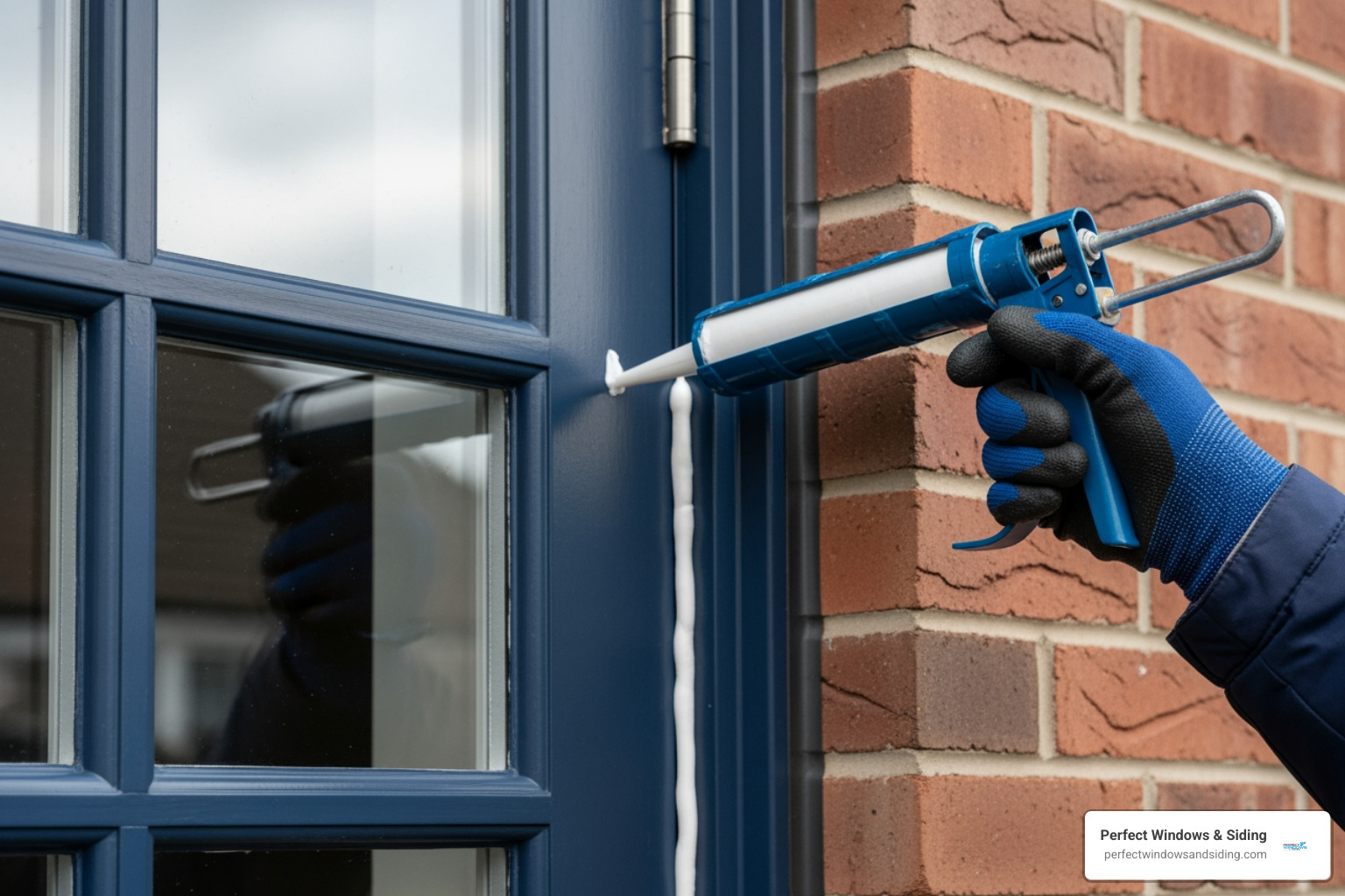 hand applying caulk along exterior of French door frame - french door installation