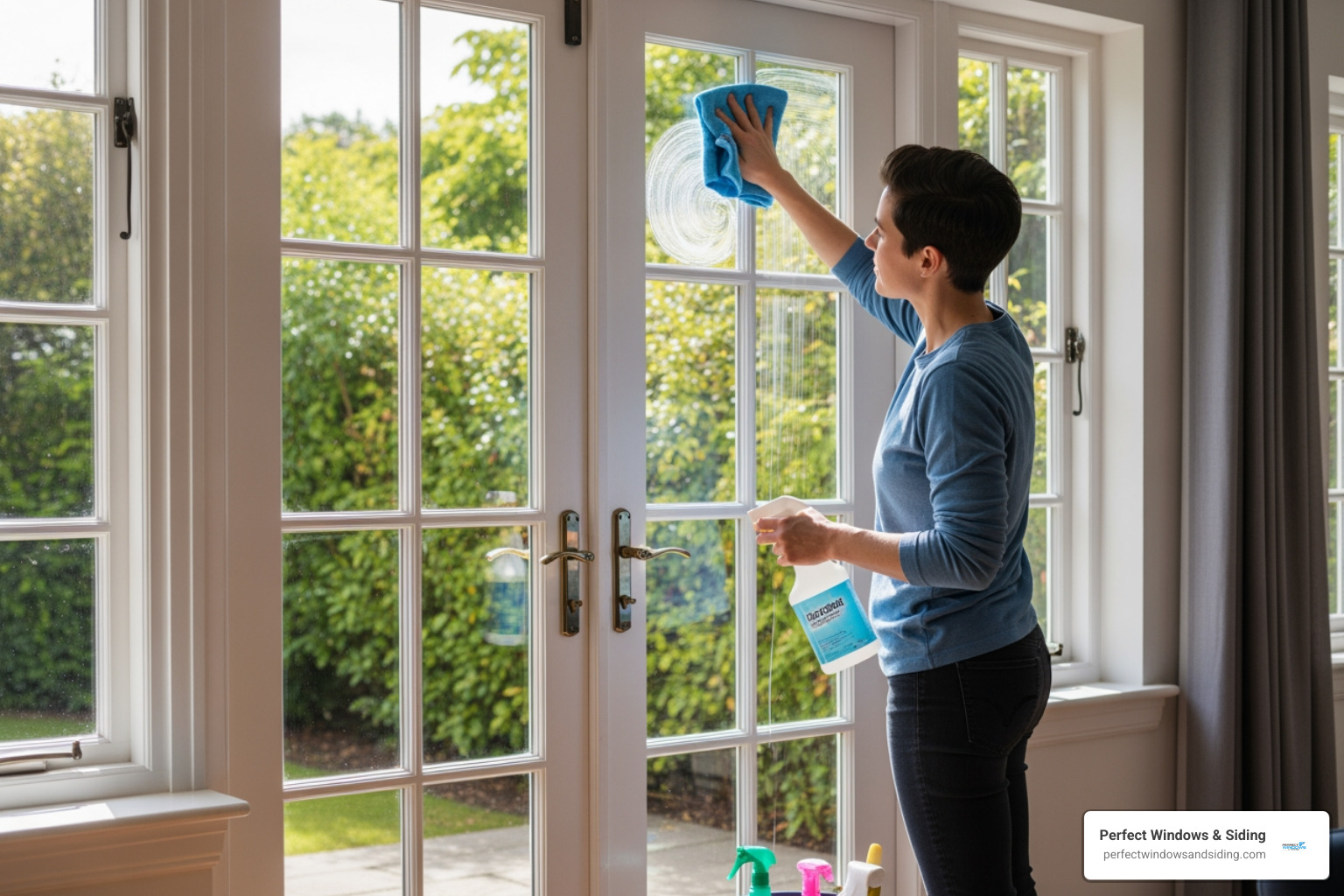 person cleaning glass on a French door - french door installation