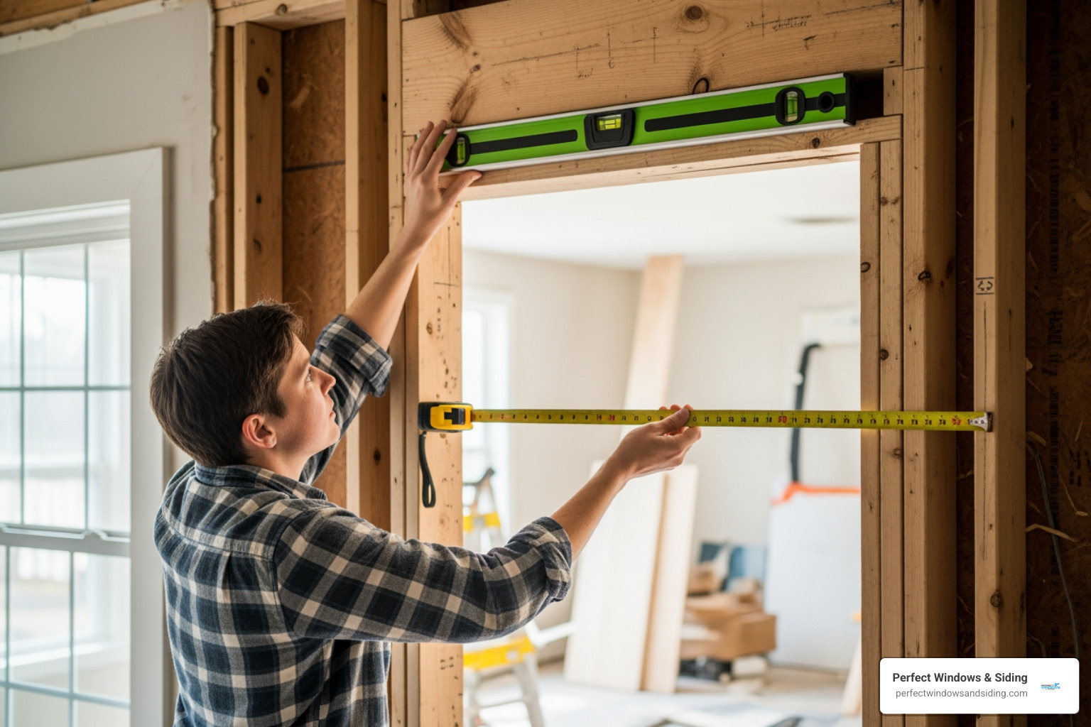 person using level and tape measure inside a rough door opening - french door installation