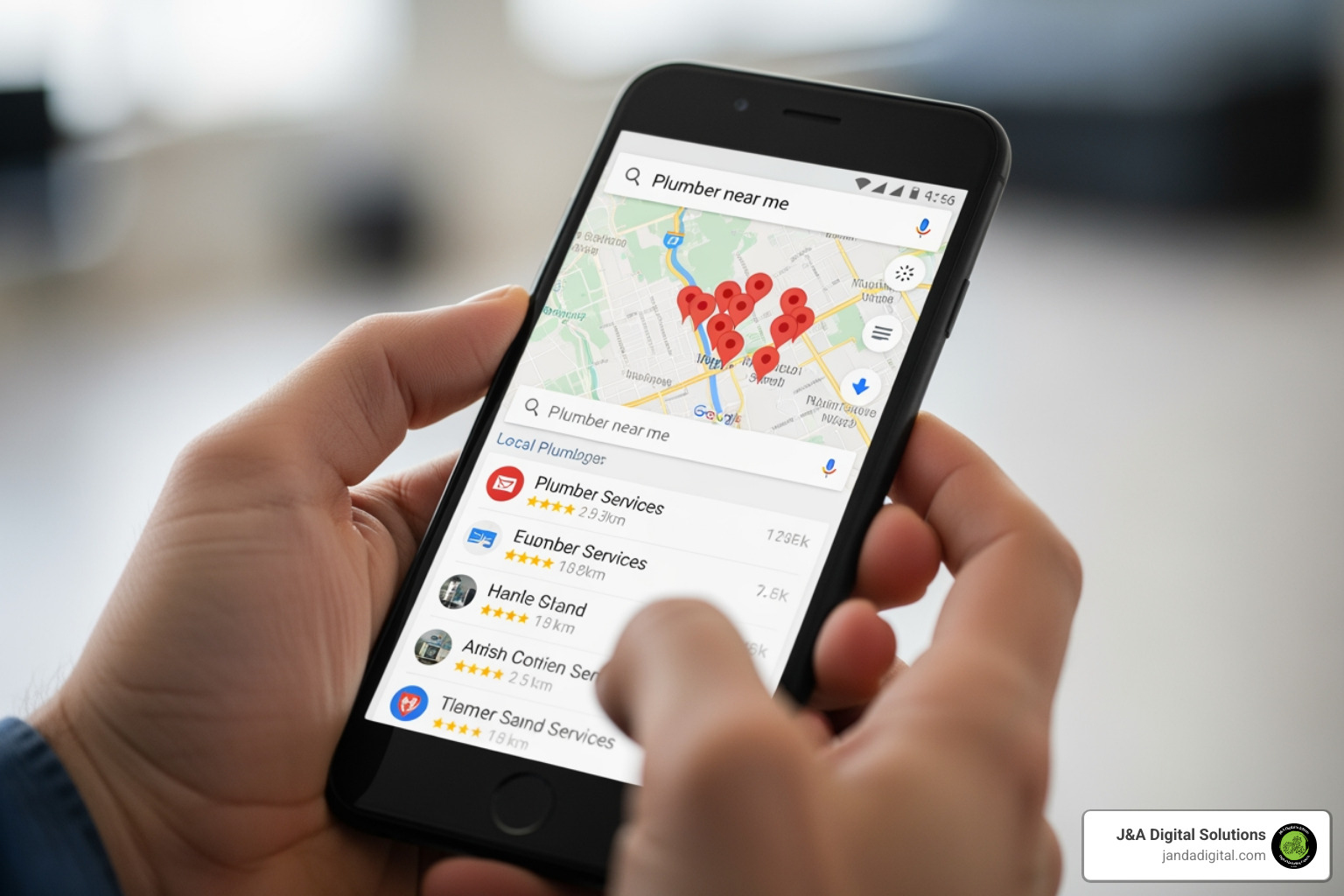 Google search results for "plumber near me" showing LSAs, 3-pack, and organic results - plumbing marketing ideas