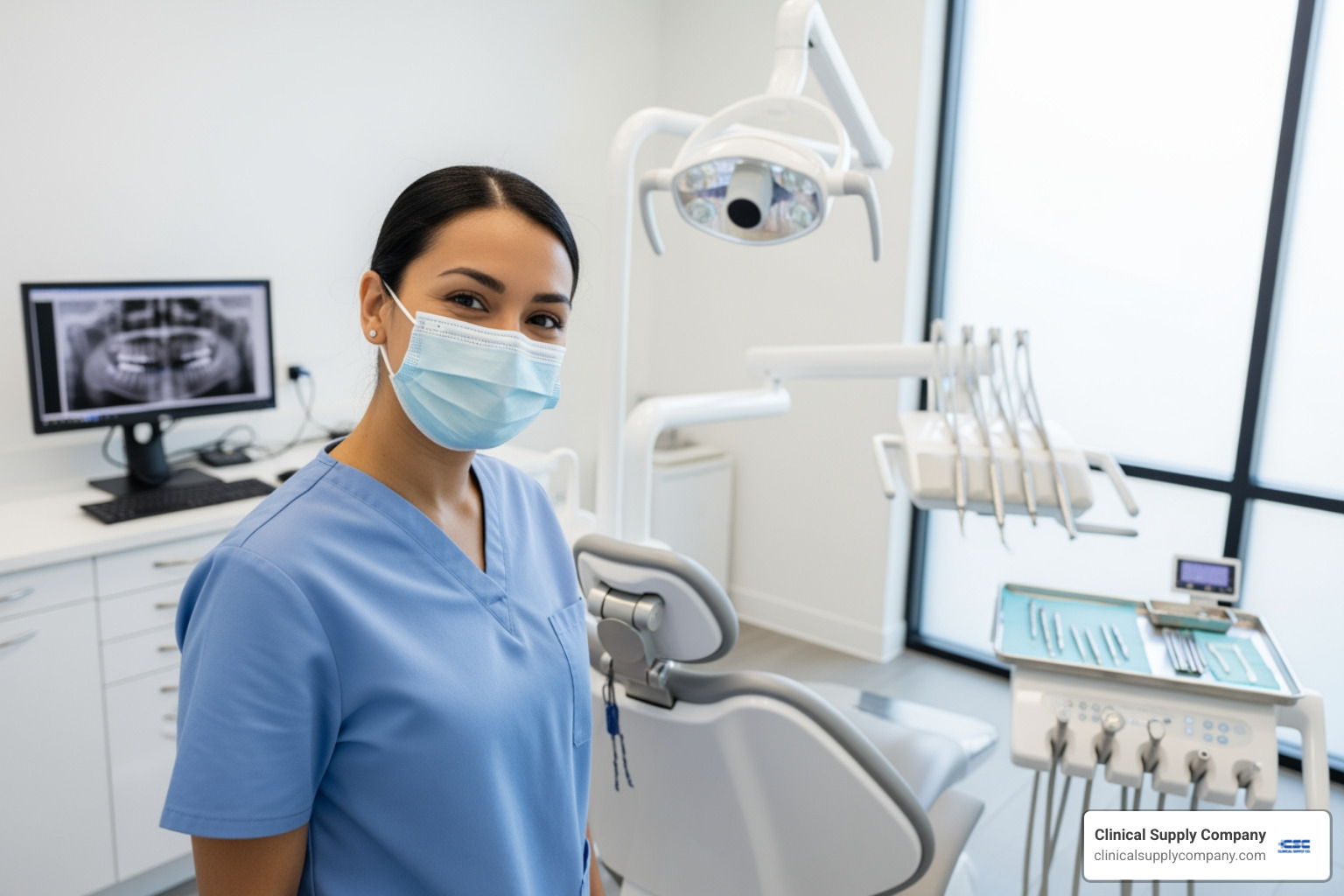 dental professional smiling in clean operatory - dental disinfectant wipes