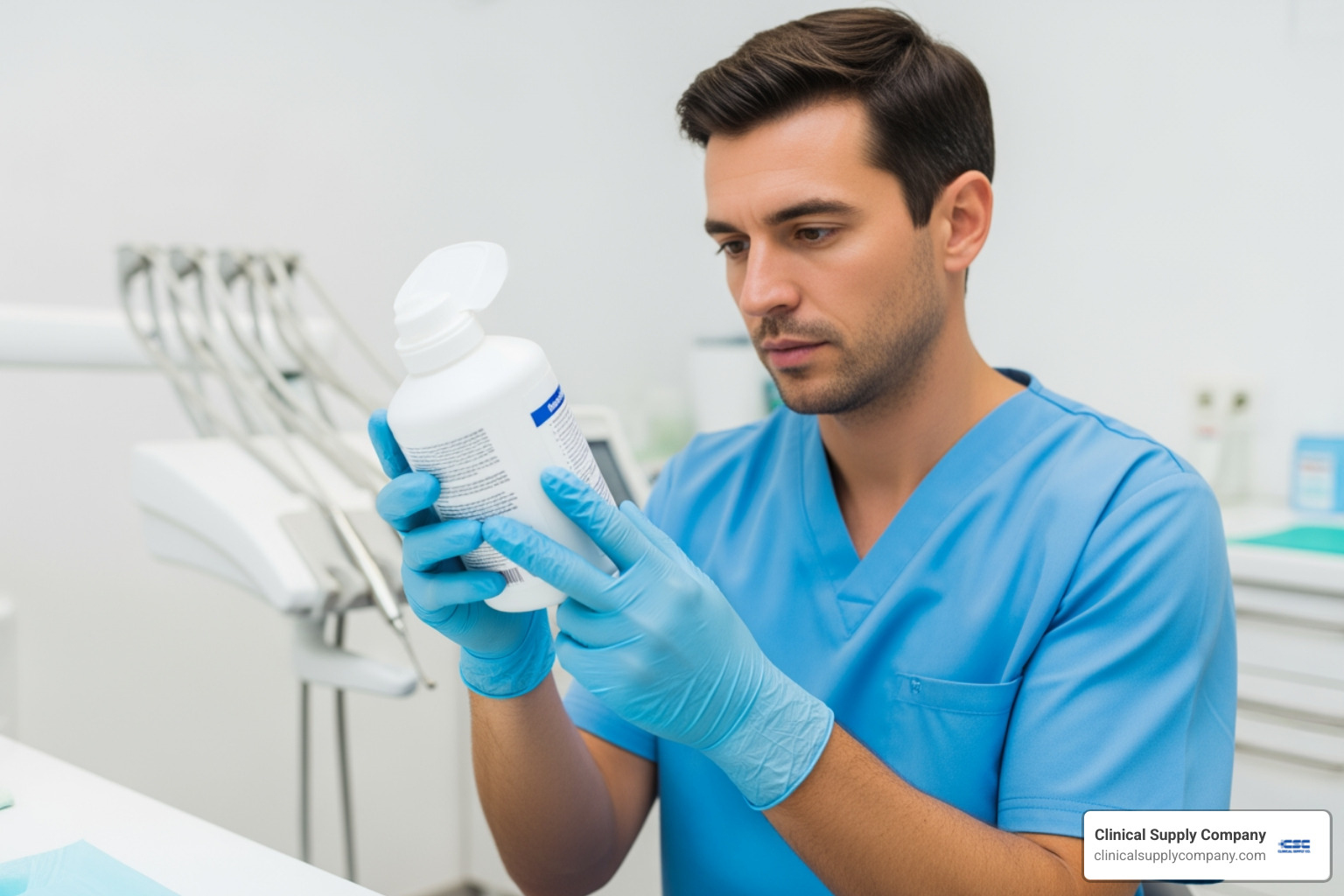 dental professional examining disinfectant wipe label - dental disinfectant wipes