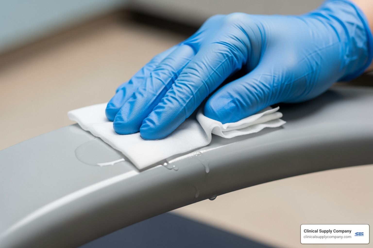gloved hand using dental disinfectant wipe - dental disinfectant wipes