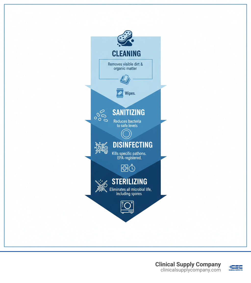 Infographic showing the hierarchy of surface treatment: Cleaning removes visible dirt and organic matter using detergents or cleaning wipes like RiteWipe; Sanitizing reduces bacteria to safe levels on food-contact surfaces; Disinfecting kills specific pathogens listed on EPA-registered labels using hospital-grade disinfectant wipes with required contact times; Sterilizing eliminates all microbial life including spores, used only for critical instruments via autoclaving - dental disinfectant wipes infographic 