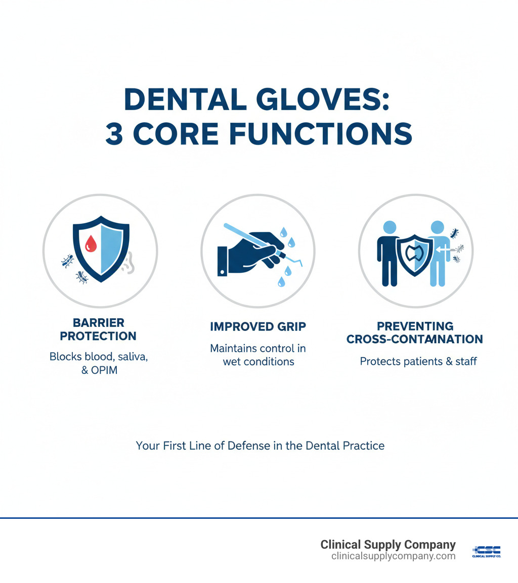 Infographic explaining the three core functions of dental gloves: Barrier Protection (blocking blood, saliva, and OPIM), Improved Grip (maintaining control of instruments in wet conditions), and Preventing Cross-Contamination (protecting both patients and staff from pathogen transmission) - Dental assistant gloves infographic 
