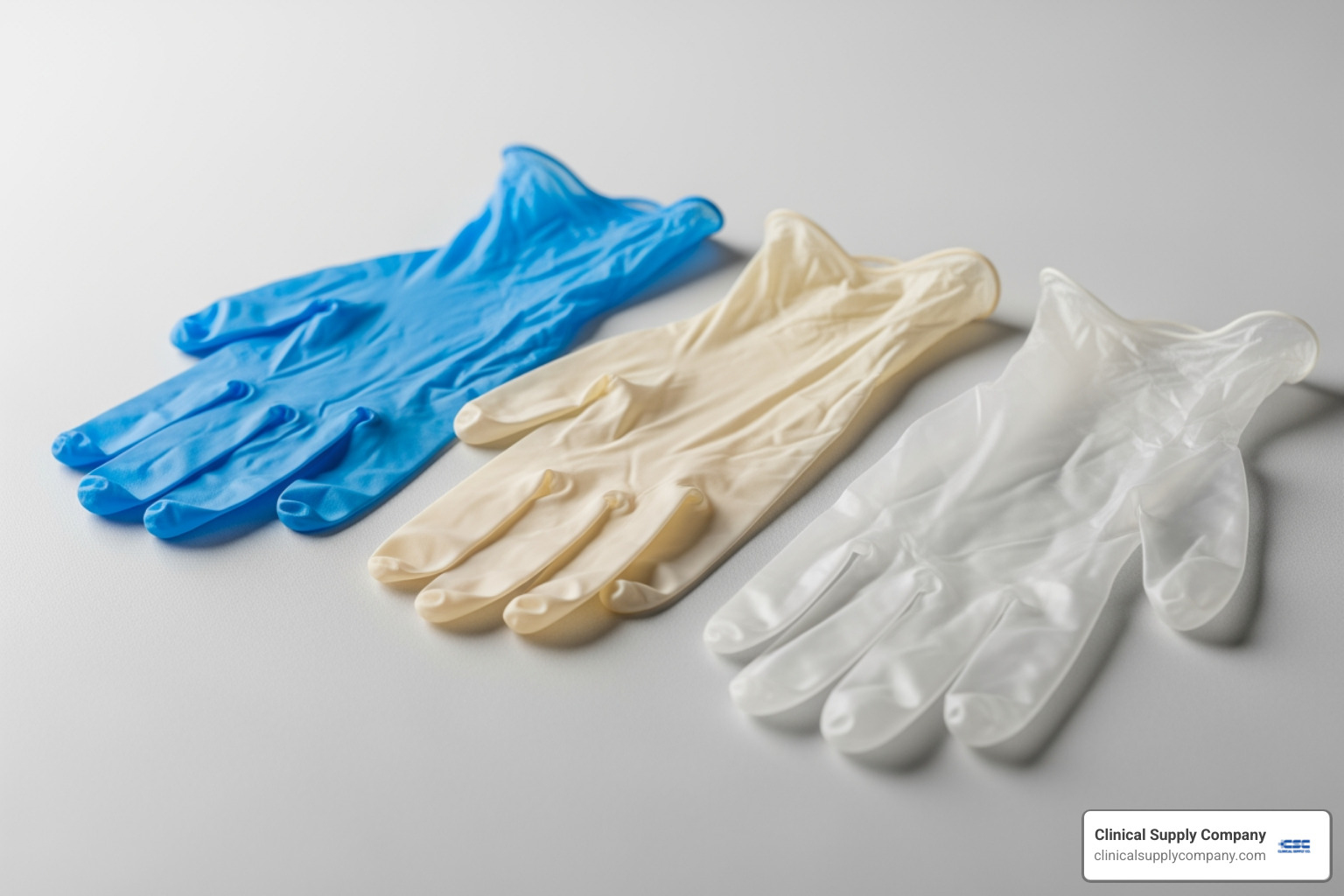 three different colored gloves side-by-side representing Nitrile, Latex, and Vinyl - Dental assistant gloves