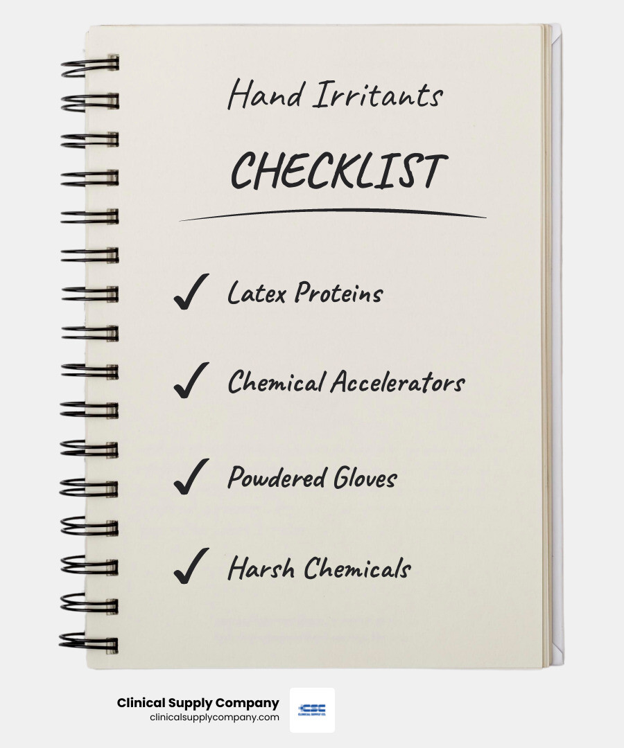 infographic showing common hand irritants including latex proteins, chemical accelerators, powders, harsh cleaning chemicals, prolonged water exposure, and friction from poor-fitting gloves, with icons and brief explanations of each trigger - best gloves for sensitive hands infographic checklist-notebook