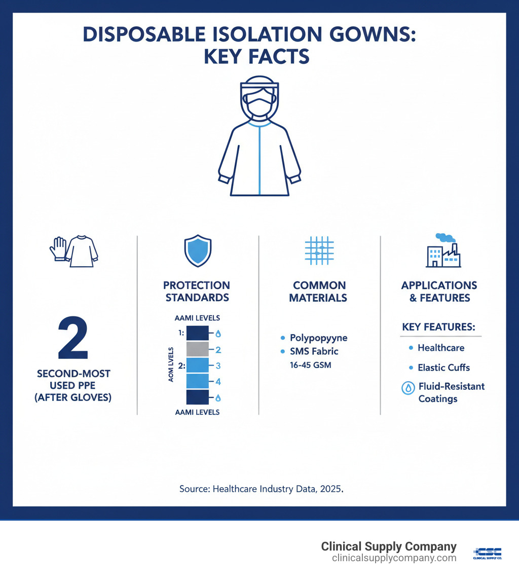 infographic showing disposable isolation gowns statistics: second-most used PPE after gloves, AAMI Levels 1-4 protection standards, common materials including polypropylene and SMS fabric weighing 16-45 GSM, typical applications in healthcare and industrial settings, and key features like elastic cuffs and fluid-resistant coatings - disposable isolation gowns infographic 