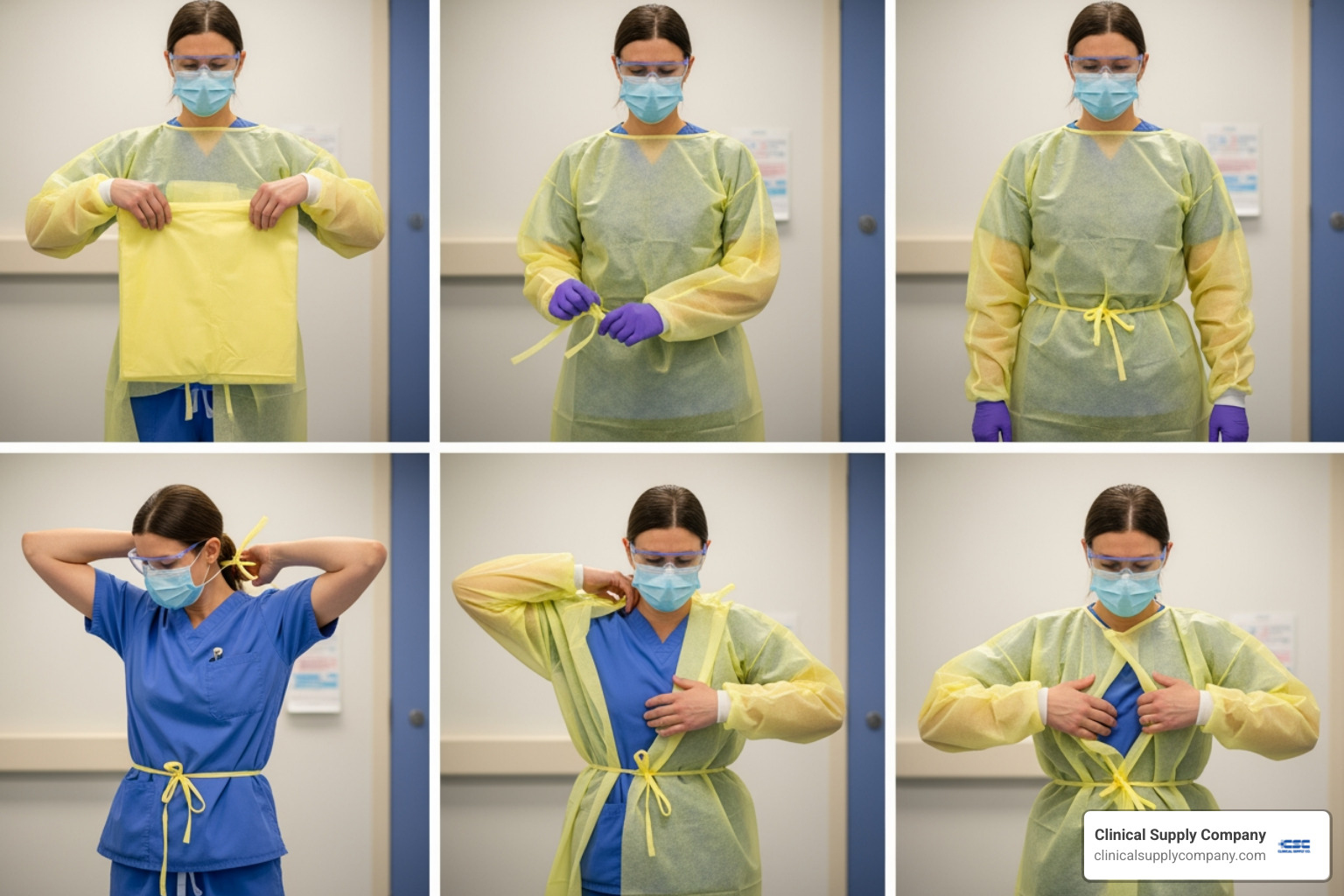 series showing correct donning and doffing of an isolation gown - disposable isolation gowns