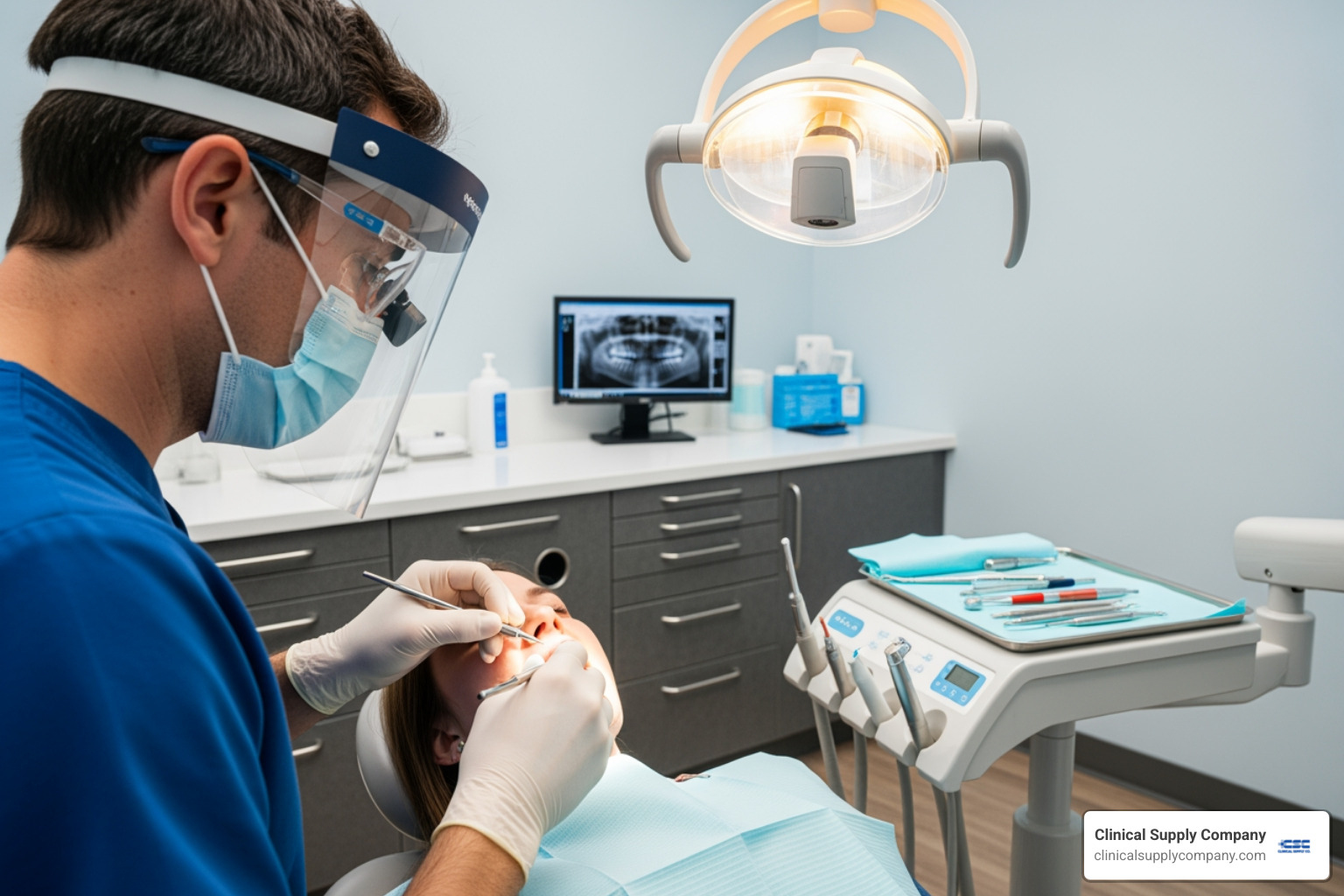 dentist wearing a face shield over safety glasses during a procedure - dental PPE supplies