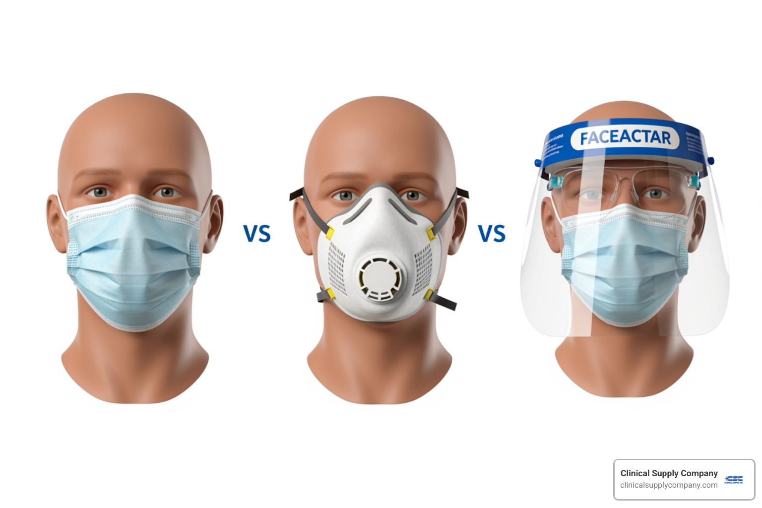 graphic showing the difference in coverage between a surgical mask, an N95 respirator, and a face shield, highlighting their varying levels of protection and fit - PPE dental office