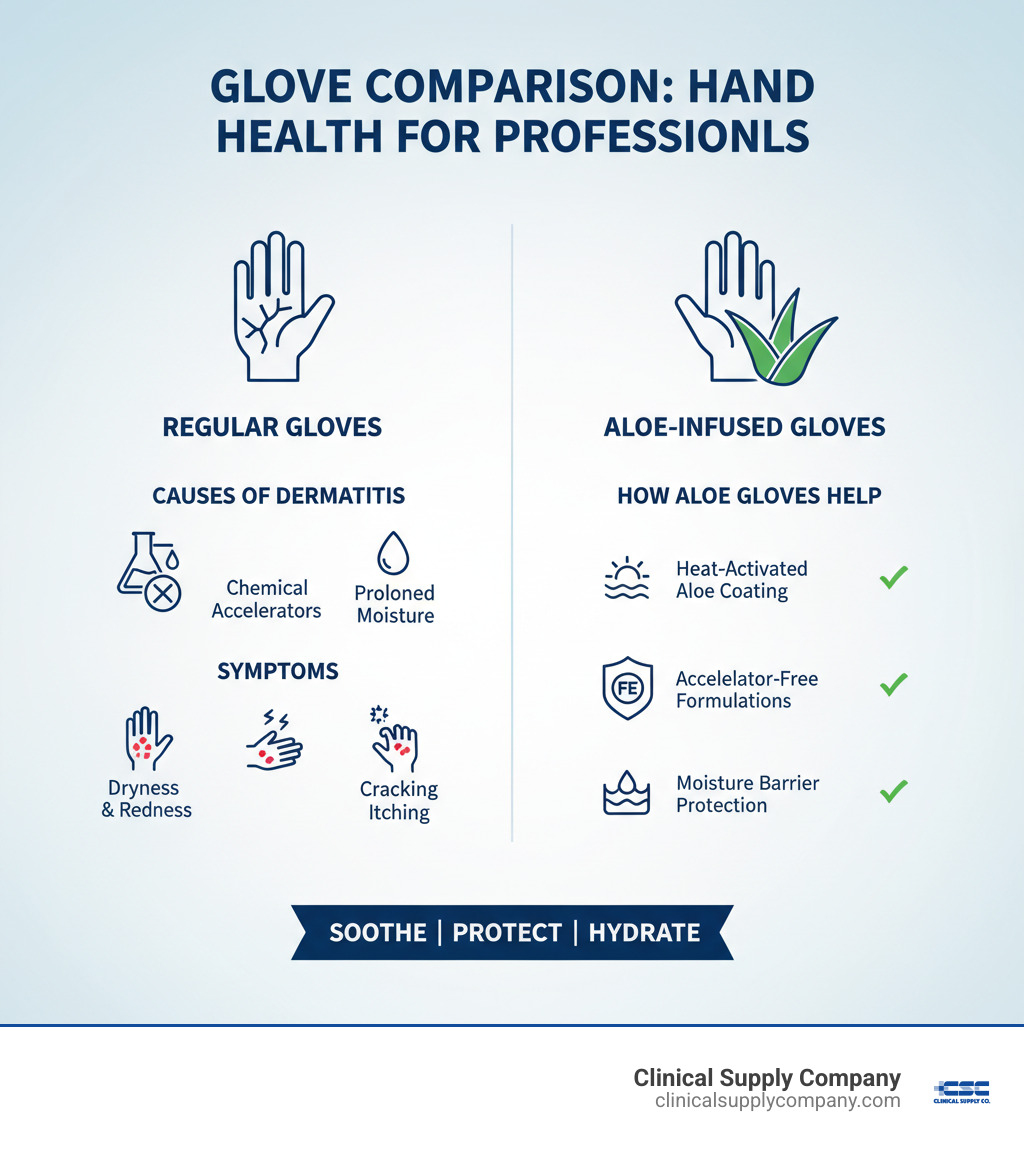 infographic showing comparison of regular gloves vs aloe-infused gloves, including causes of contact dermatitis (chemical accelerators, prolonged moisture, friction), symptoms (dryness, redness, cracking, itching), and how aloe gloves address each issue through heat-activated aloe coating, accelerator-free formulations, and moisture barrier protection - Aloe Gloves infographic 