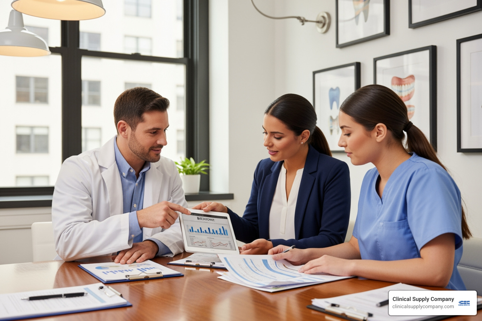 dental team discussing financial reports - Dental office budget