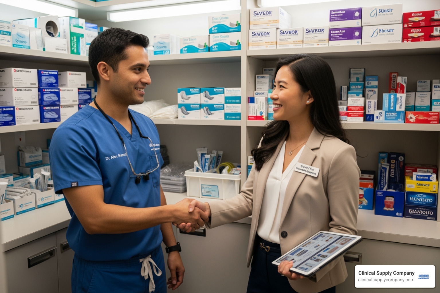 Dentist shaking hands with a supply representative in a well-stocked supply closet - Dental Supply Tariffs and Price Negotiation