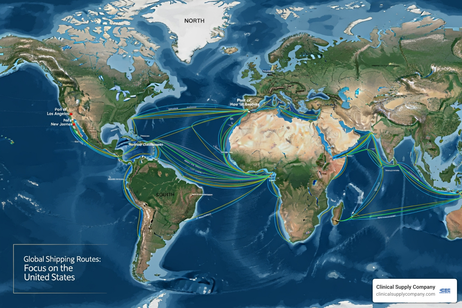 Global map with shipping routes connecting various countries to the U.S. - Dental Supply Tariffs and Price Negotiation