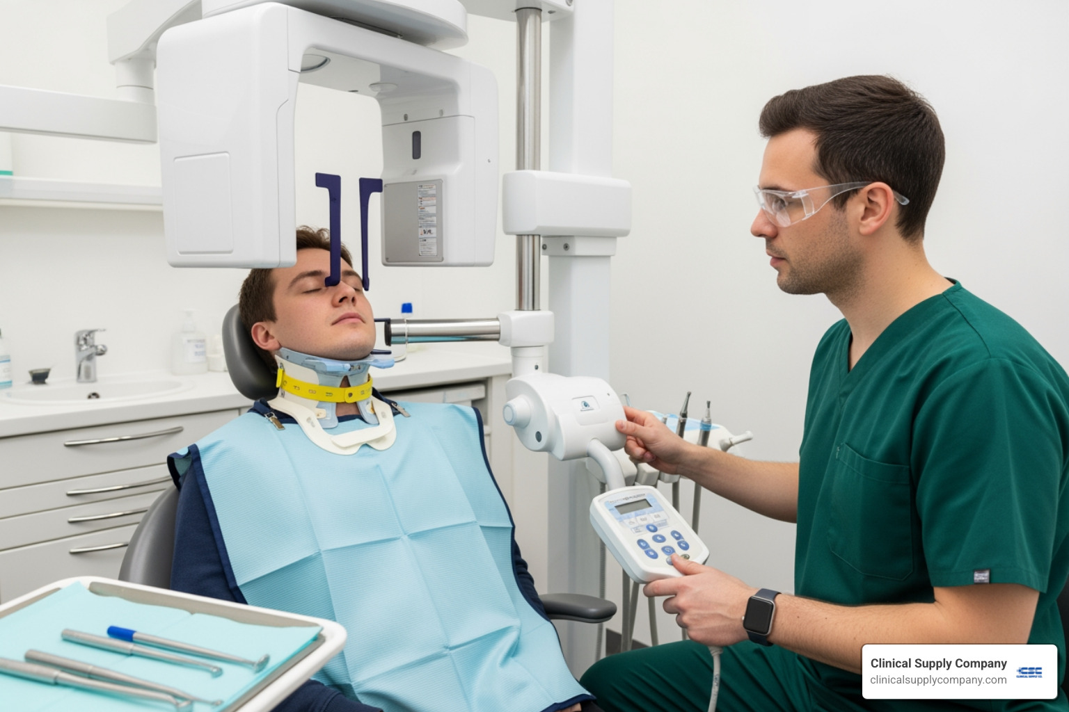 A dental X-ray being taken with a patient wearing a lead apron and thyroid collar - dental patient protection