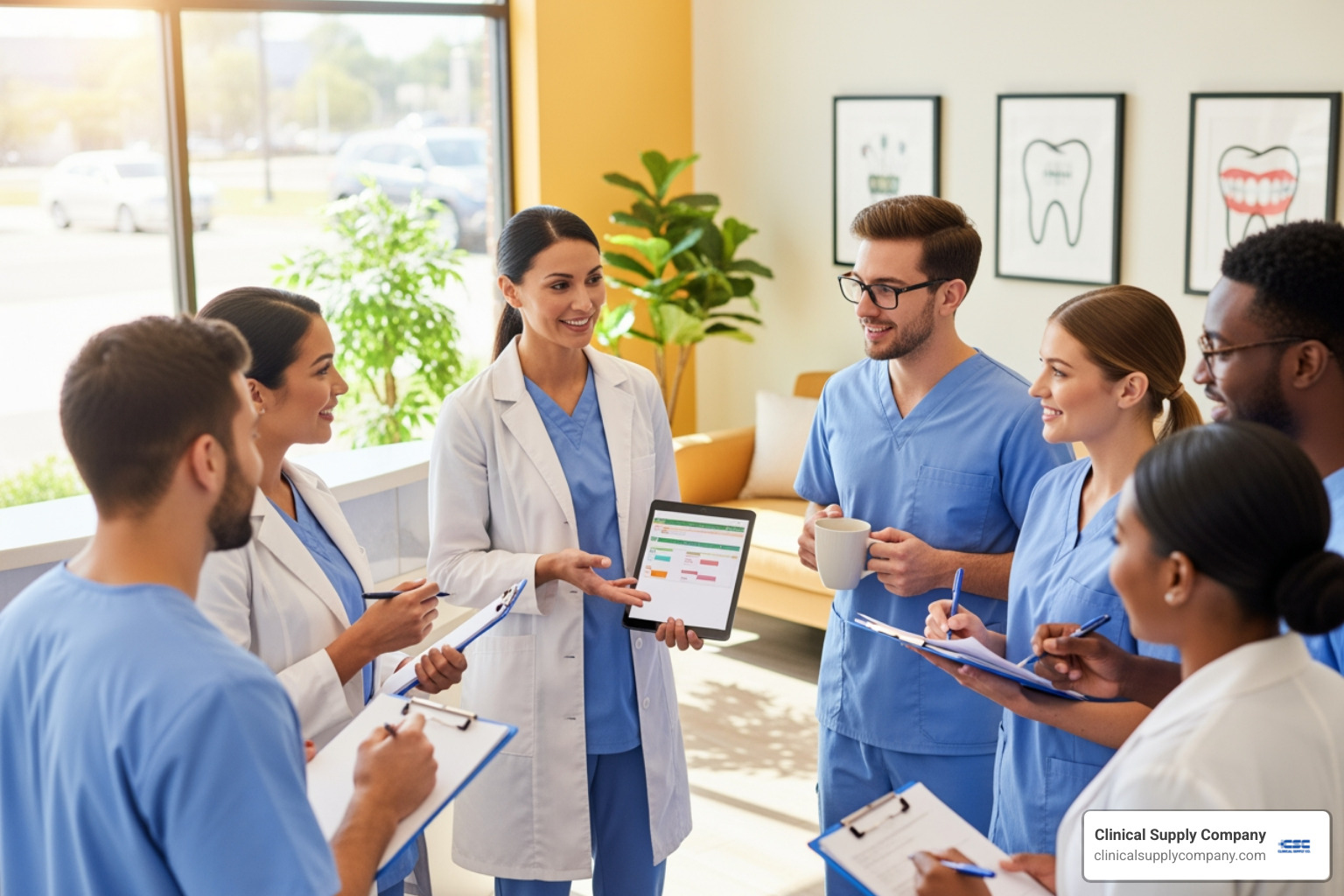 happy and collaborative dental team in a morning huddle - Efficient dental practice management