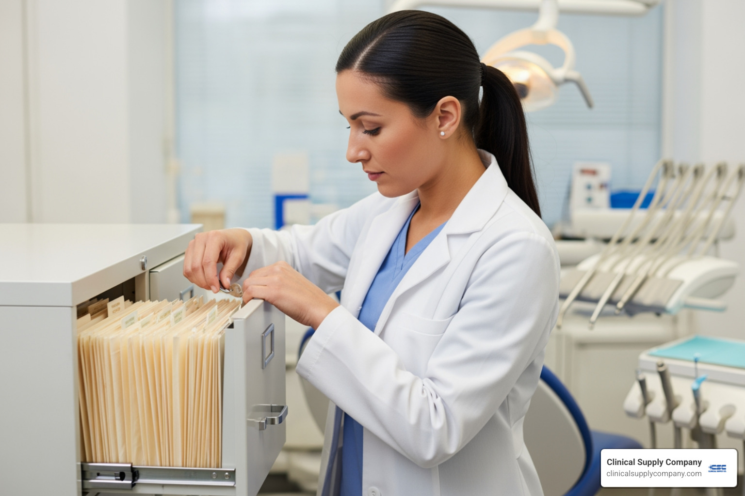 A dental professional securely locking a filing cabinet - dental patient protection
