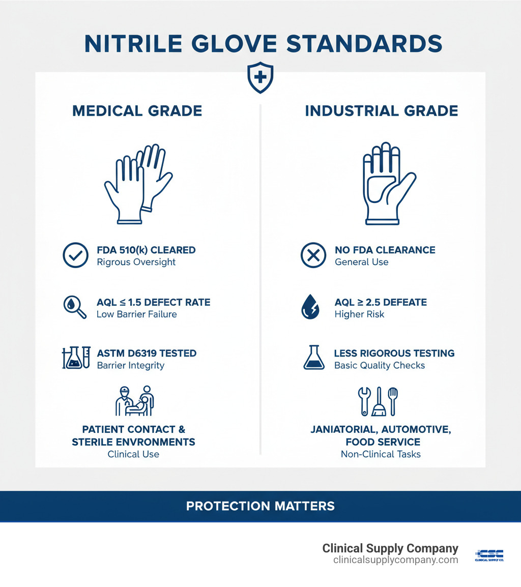 Infographic comparing medical grade and industrial grade nitrile gloves: Medical grade shows FDA 510(k) clearance, AQL 1.5 or lower defect rate, ASTM D6319 testing for barrier integrity, intended for patient contact and sterile environments. Industrial grade shows no FDA clearance required, AQL 2.5 or higher defect rate, less rigorous testing, intended for janitorial, automotive, or food service use. - medical grade nitrile gloves infographic 