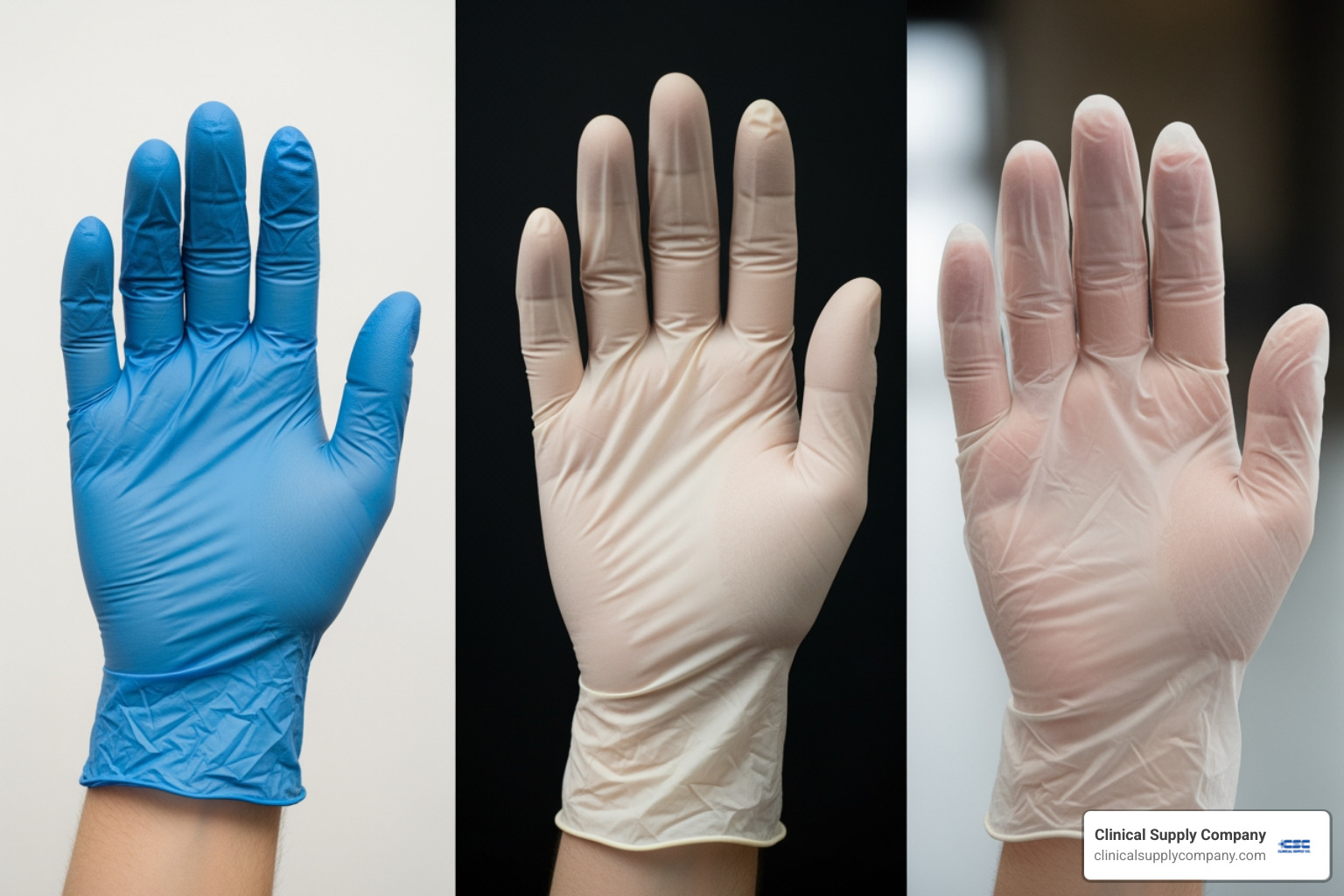 three hands with nitrile, latex, and vinyl gloves - medical grade nitrile gloves