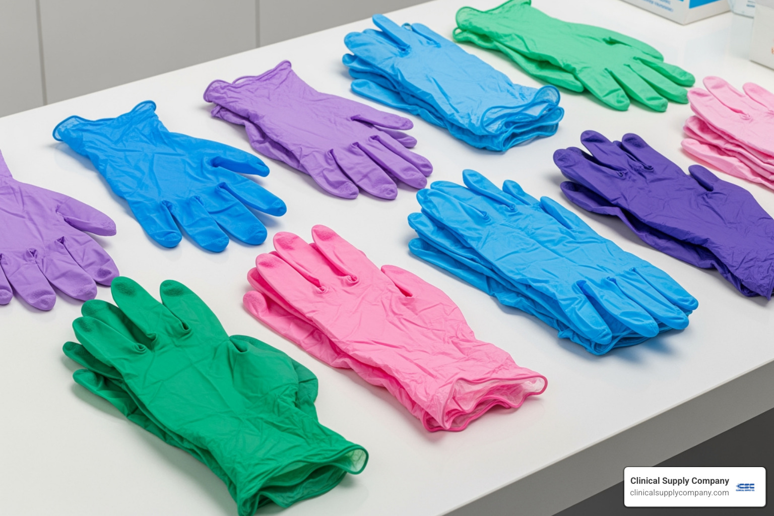 various nitrile gloves showing different colors, textures, and cuff lengths - medical grade nitrile gloves