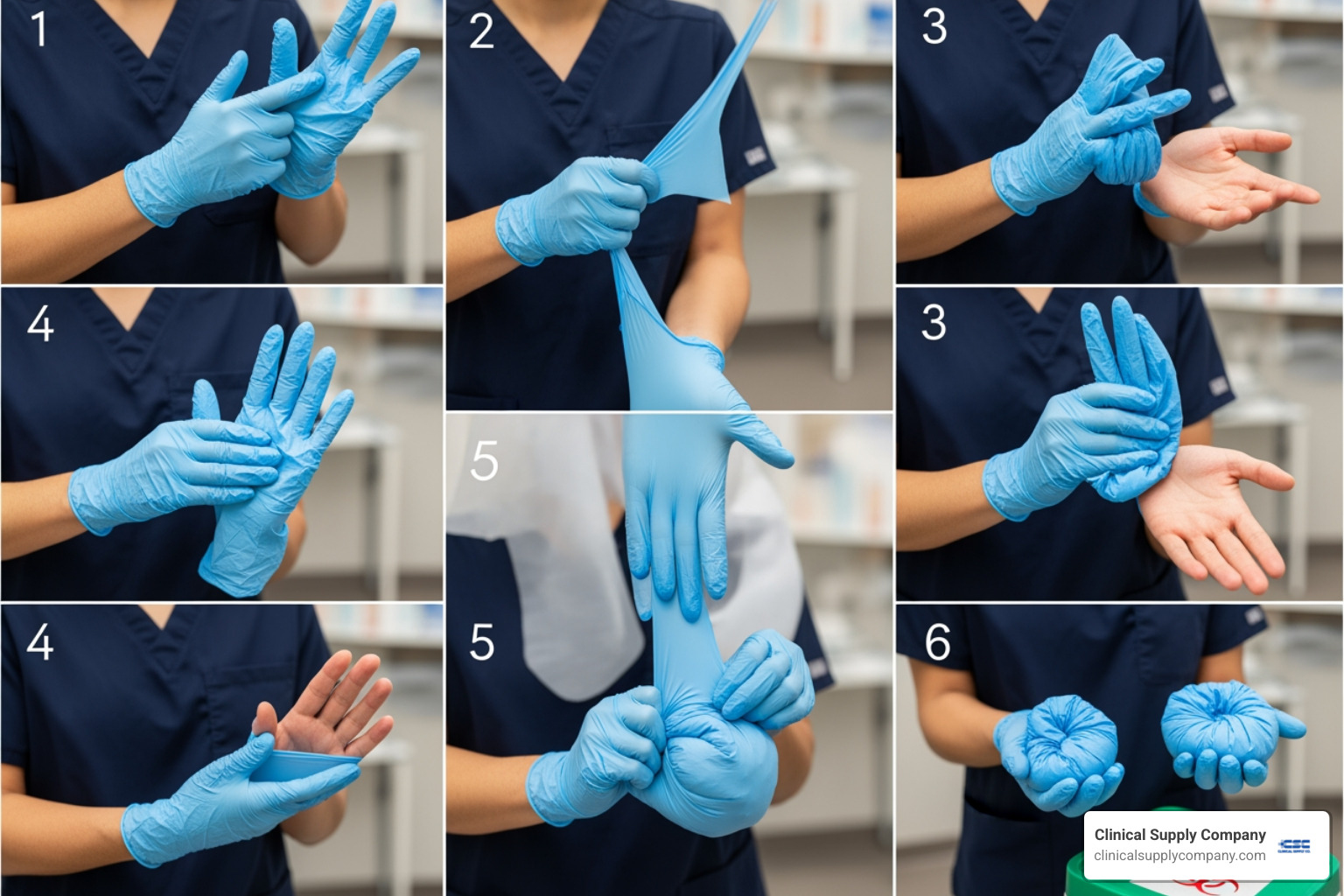 collage showing key steps of proper glove doffing - medical grade nitrile gloves