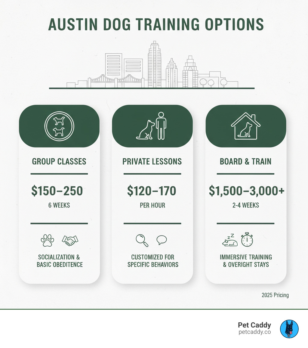 Infographic showing three main types of dog training in Austin: Group Classes ($150-$250 for 6 weeks, ideal for socialization and basic obedience), Private Lessons ($120-$170 per hour, customized for specific behaviors), and Board & Train Programs ($1,500-$3,000+ for 2-4 weeks, immersive training with overnight stays) - dog training Austin prices infographic Infographic showing three main types of dog training in Austin: Group Classes ($150-$250 for 6 weeks, ideal for socialization and basic obedience), Private Lessons ($120-$170 per hour, customized for specific behaviors), and Board & Train Programs ($1,500-$3,000+ for 2-4 weeks, immersive training with overnight stays) - dog training Austin prices infographic