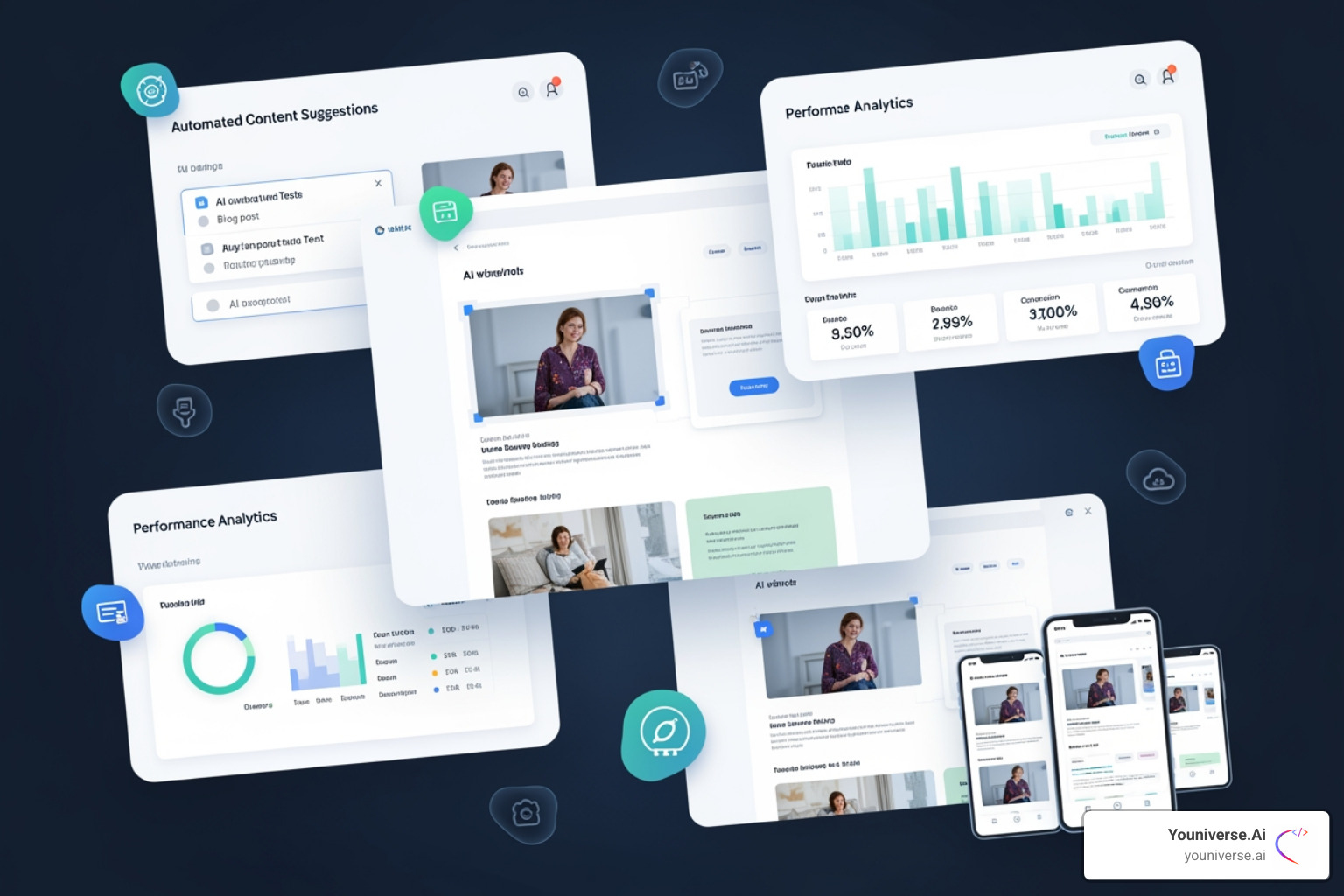 collage of AI website builder features and Youniverse.Ai branding - AI optimized websites collage of AI website builder features and Youniverse.Ai branding - AI optimized websites